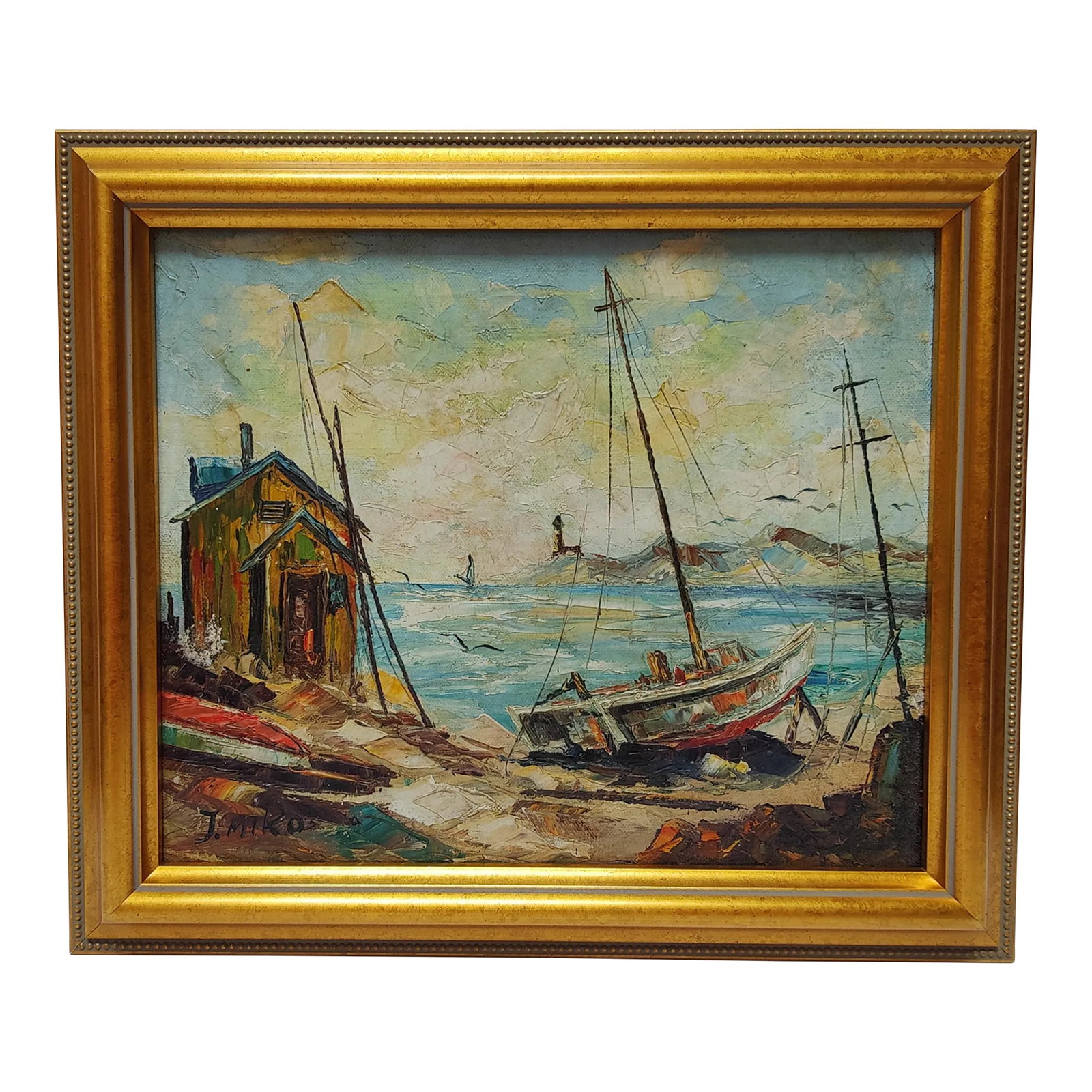 Impressionist Sailboat Seascape Vintage Oil Painting Framed 12.5"x14.5": A beautiful, nautical-themed mid-20th century seascape painting in an impressionist style of a sailboat on shore next to a shack. It is oil paint on canvas. It is signed Miko. There painting is in