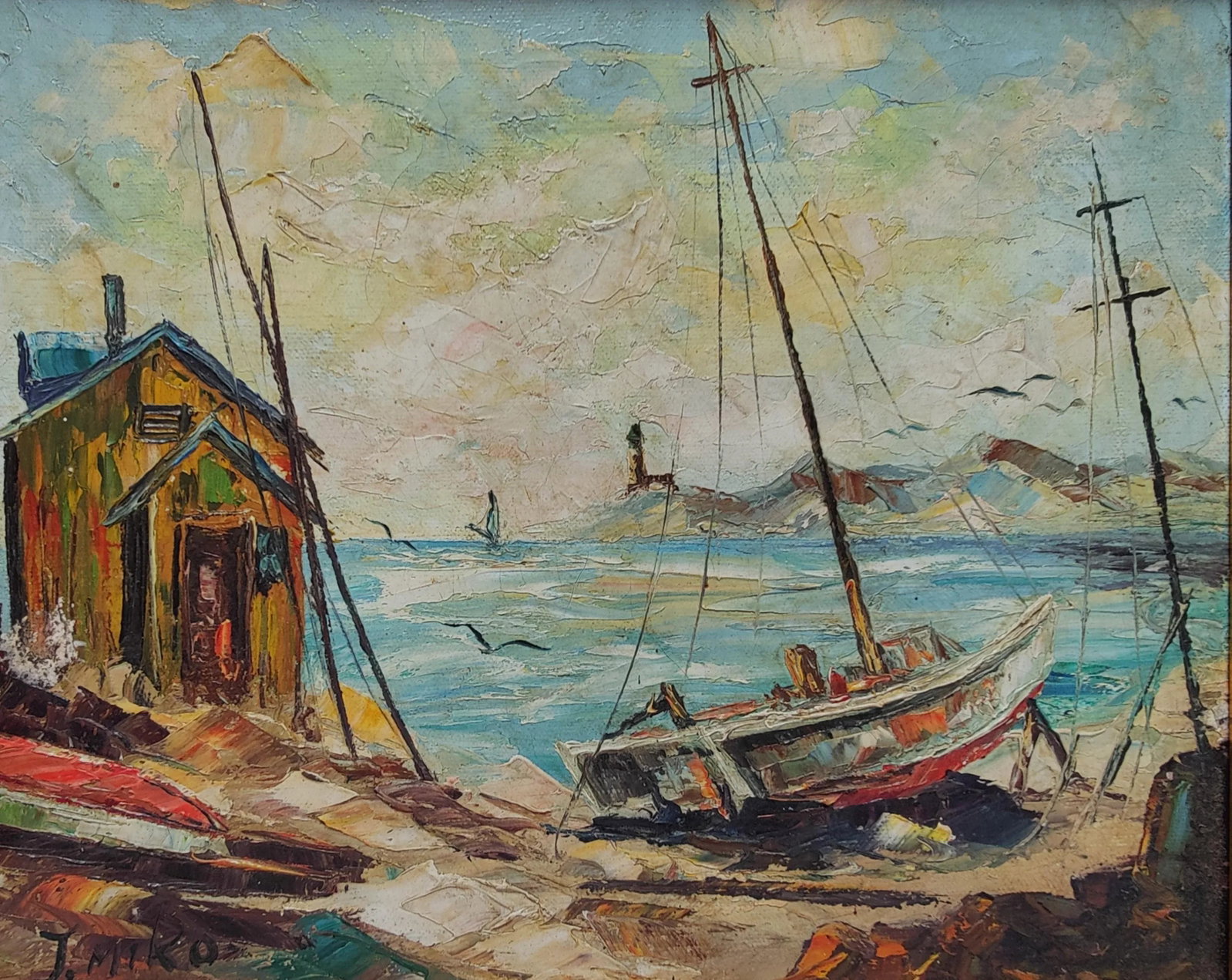 Impressionist Sailboat Seascape Vintage Oil Painting Framed 12.5"x14.5" - 2
