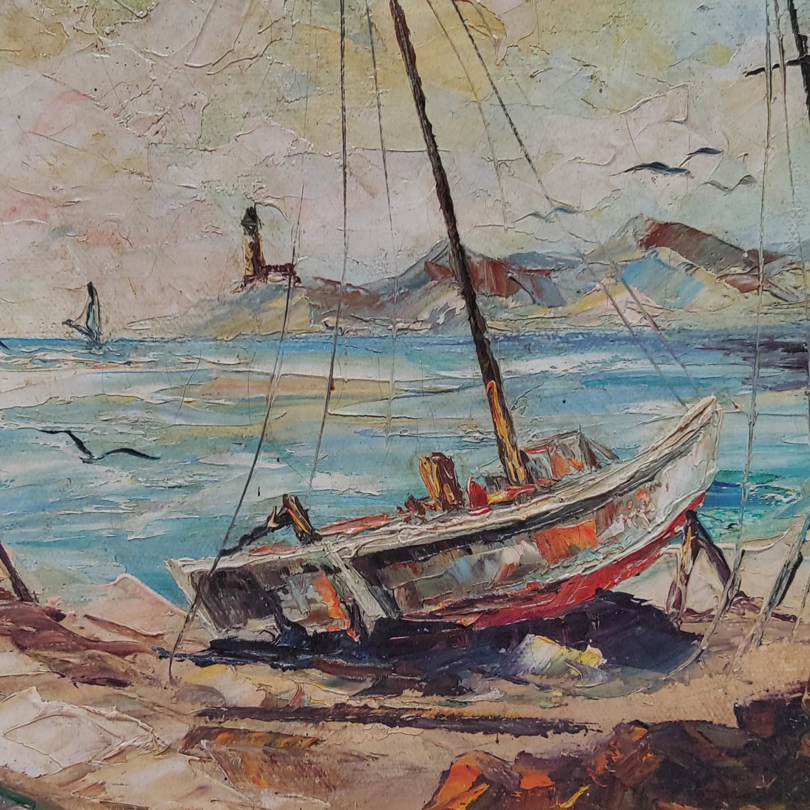 Impressionist Sailboat Seascape Vintage Oil Painting Framed 12.5"x14.5" - 3