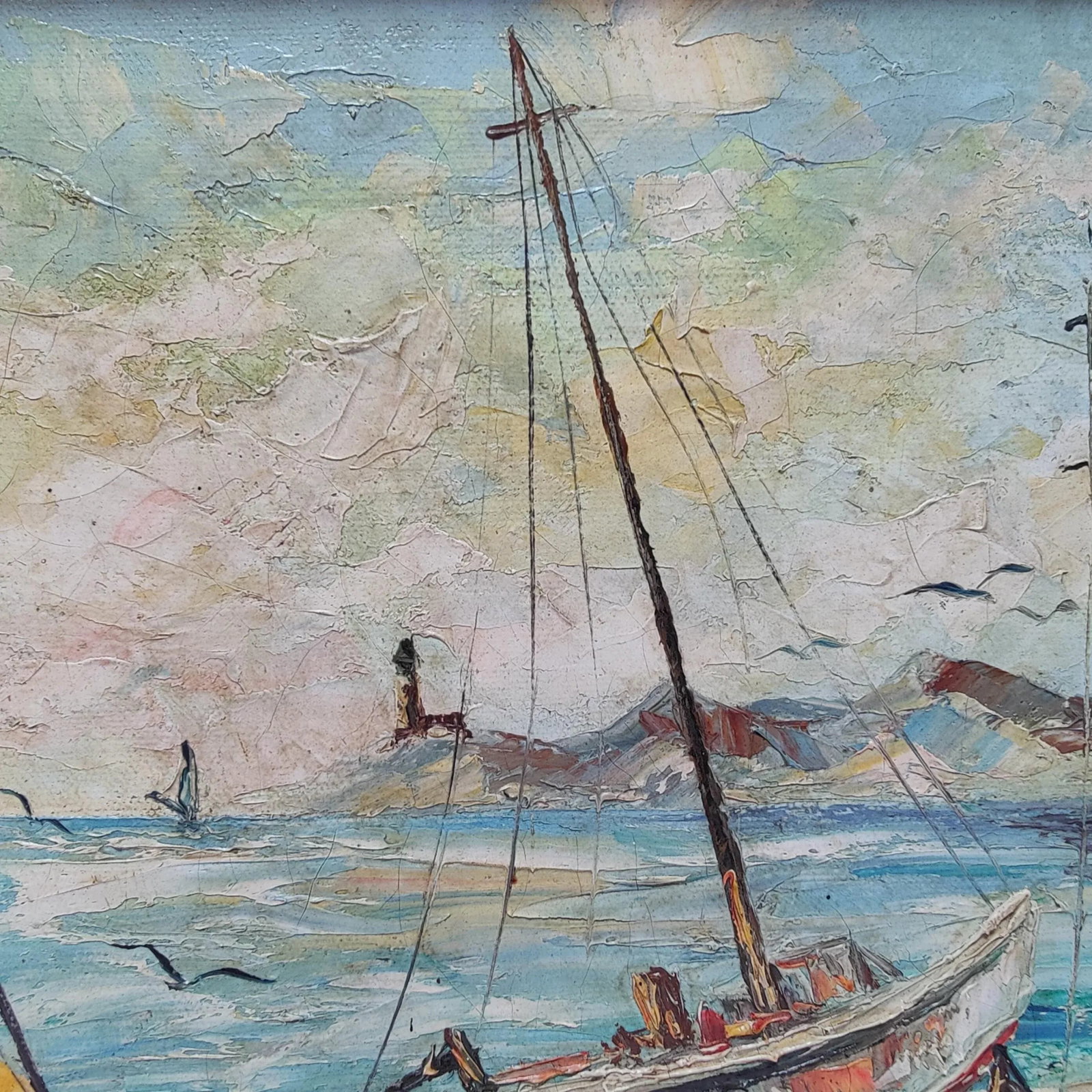 Impressionist Sailboat Seascape Vintage Oil Painting Framed 12.5"x14.5" - 6