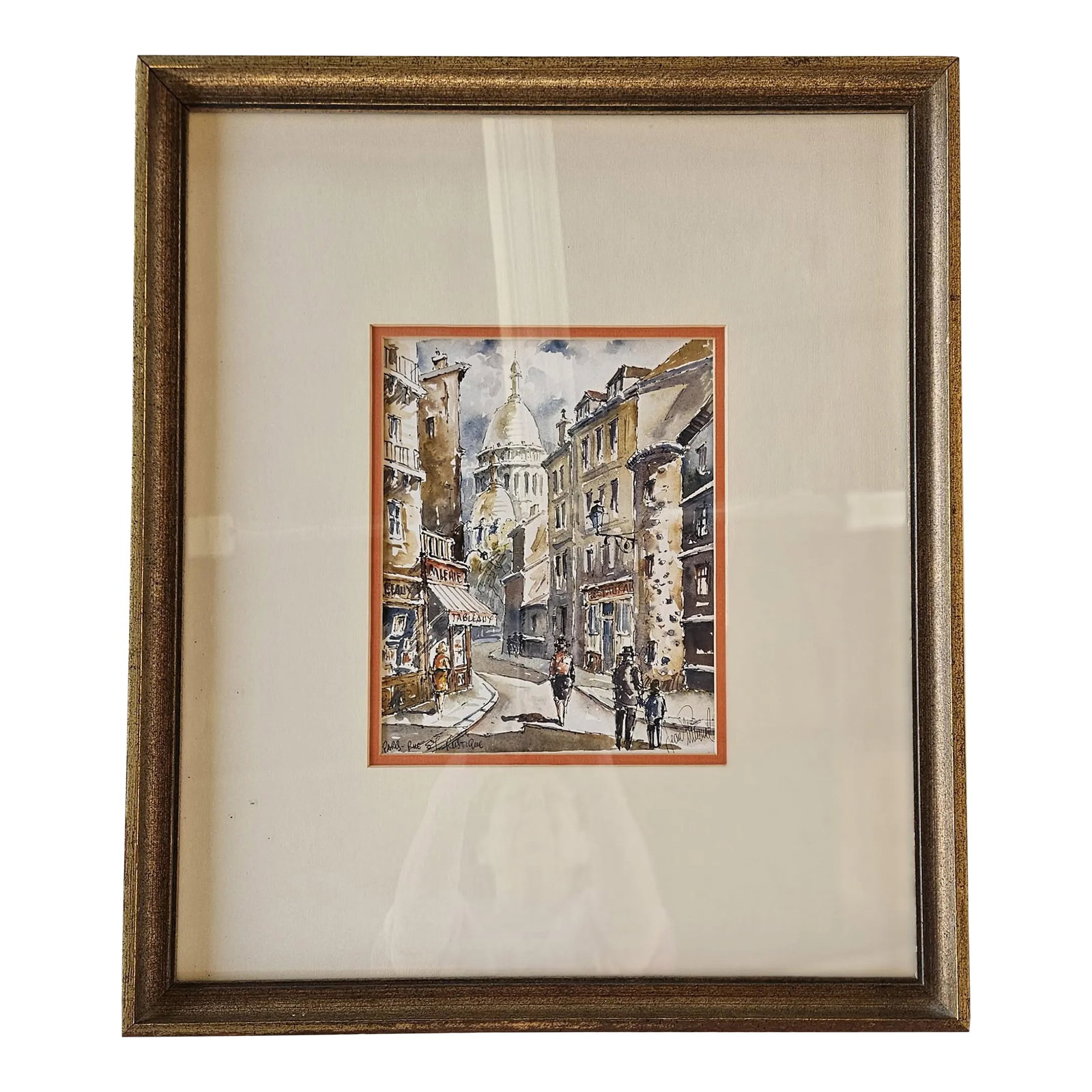 Framed Mid Century Paris Watercolor Street Scene of Rue Saint-Rustique With View of the Sacre Coeur, (1 of 6)
