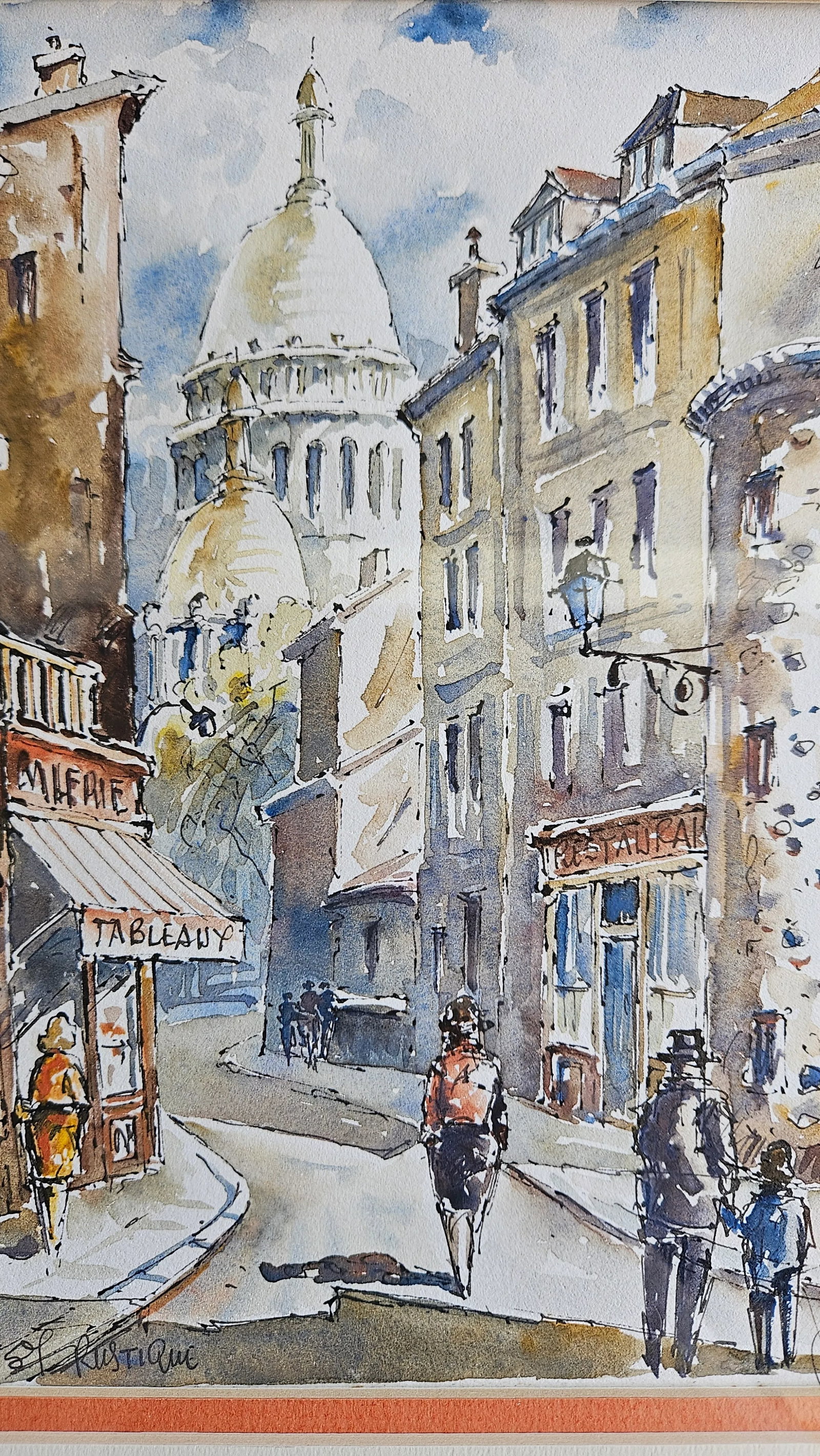Framed Mid Century Paris Watercolor Street Scene of Rue Saint-Rustique With View of the Sacre Coeur, - 4