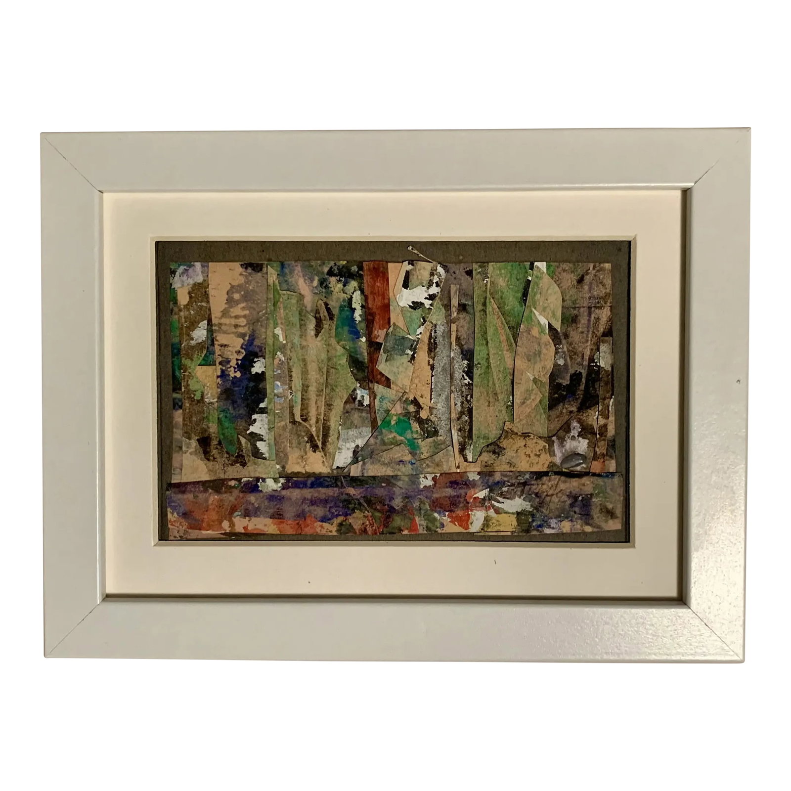 Vintage Collage - Signed by Artist: A meticulously layered painterly collage with hand painted material. Mesmerizing in detail and countours. Condition: Alterations: Original Condition Unaltered Imperfections: Some Imperfections