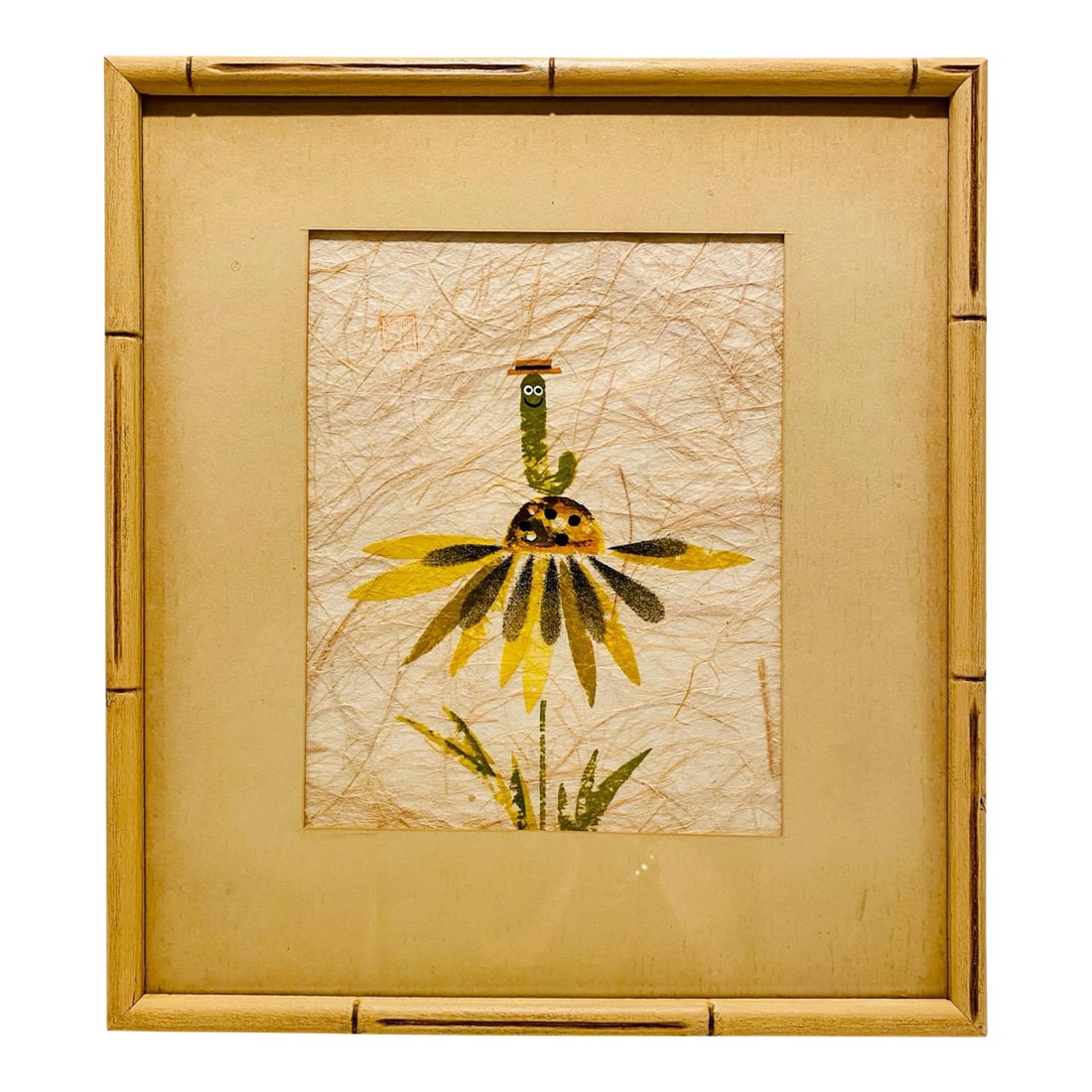 1960s Mid Century Modern Yellow Daisy & Worm Signed Japanese Potato Print: This is in great condition and a very fun vintage piece of art! It is the perfect finishing touch for any Mid Century Modern Decor. A collage with a mixture of Mid Century Potato Prints would be