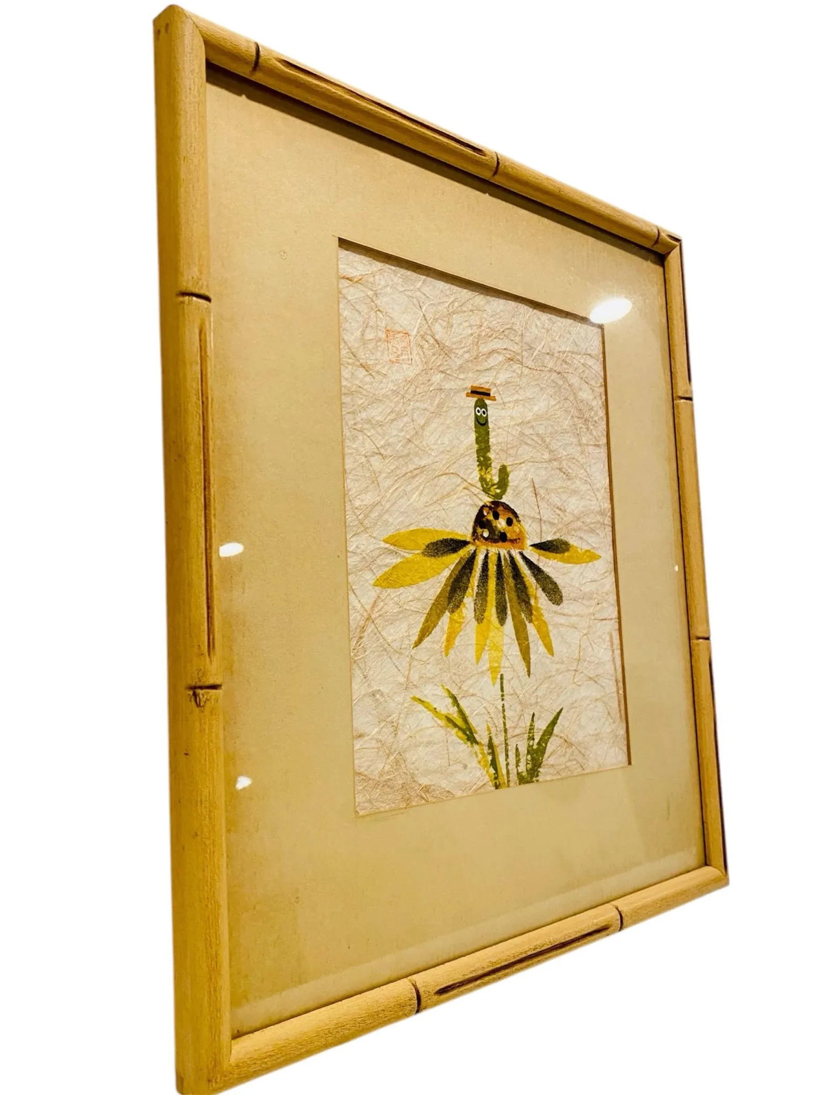 1960s Mid Century Modern Yellow Daisy & Worm Signed Japanese Potato Print - 4