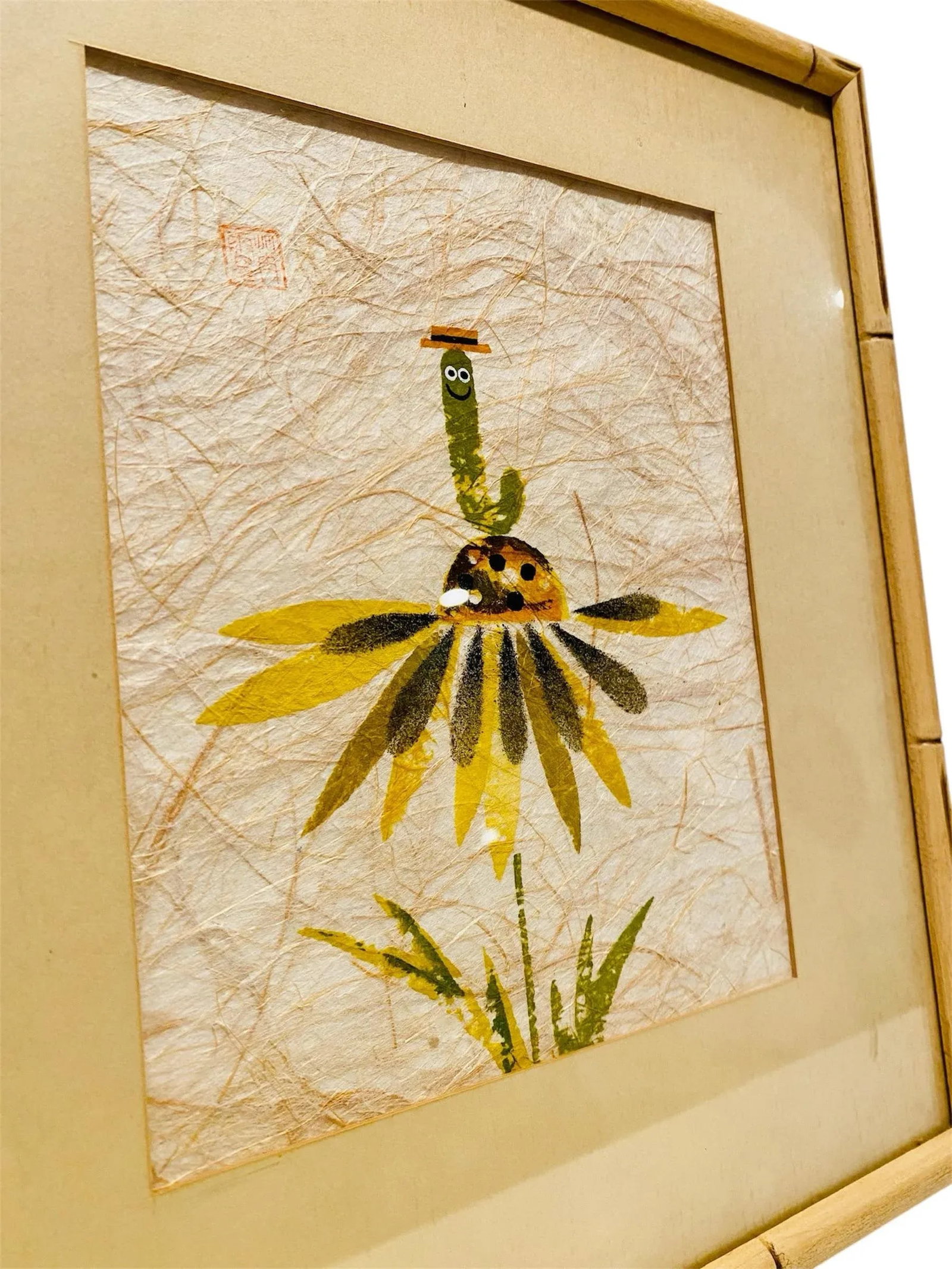1960s Mid Century Modern Yellow Daisy & Worm Signed Japanese Potato Print - 5