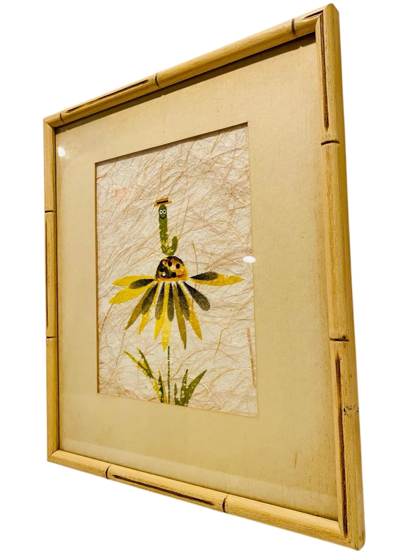 1960s Mid Century Modern Yellow Daisy & Worm Signed Japanese Potato Print - 6