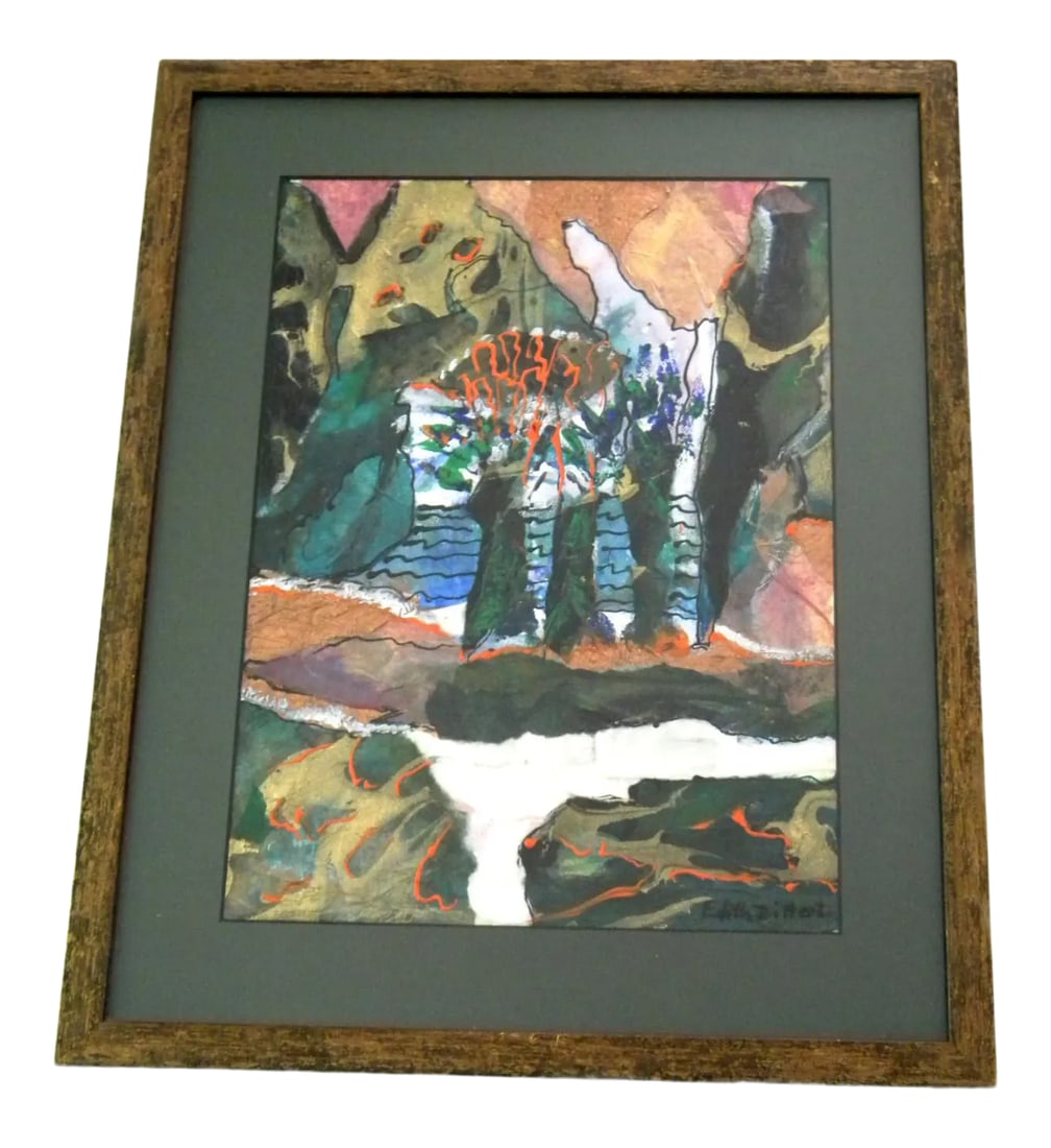 Abstract Landscape Painting Mixed Media Collage: Original abstract landscape collage/painting by a SF Bay Area artist Edith Dittert. Signed, professionally framed. Excellent condition. Solid wood frame with a glass. The frame is 16" X 20". The artwo