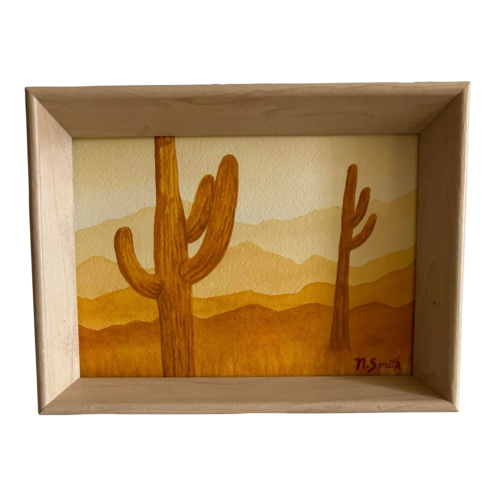 Scorched Original Watercolor Painting Signed and Framed: A hot, hazy day in the desert. Sandy and shrubby landscape with mountains and cactus. Condition: Imperfections: Some Imperfections Condition Notes: Sustainably sourced frames may contain imperfections