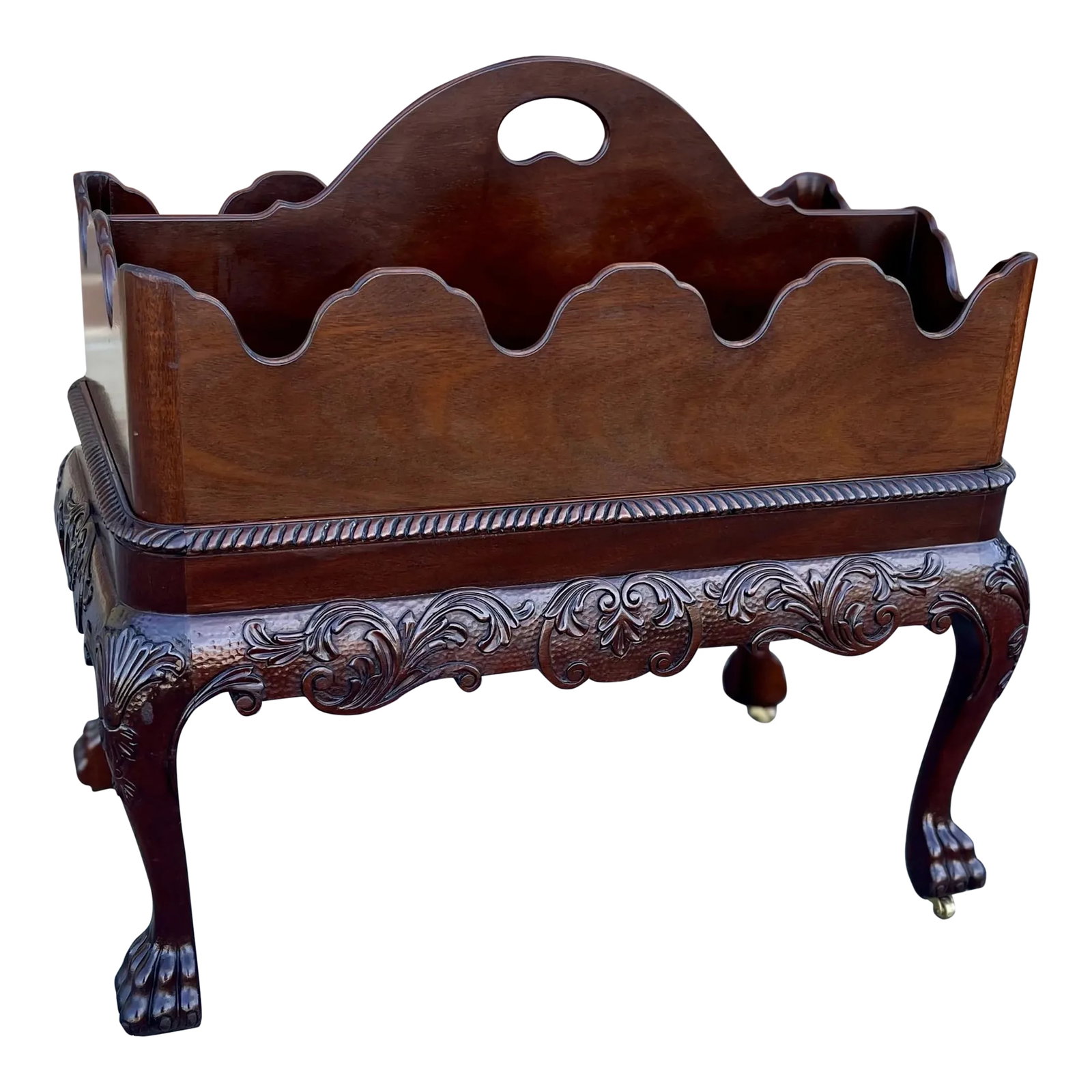 Late 20th Century Baker Furniture Co Mahogany Canterbury or Bottle Carrier: Beautiful and scarcely found Canterbury or bottle service by Baker Furniture Company. Solid mahogany construction with removable rack with scalloped sides sitting atop a base featuring gadrooned edge,