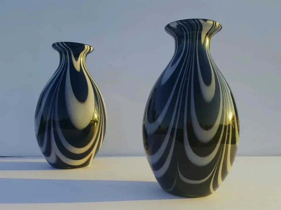 Black and White Murano Blown Glass Vase - a Pair - 4