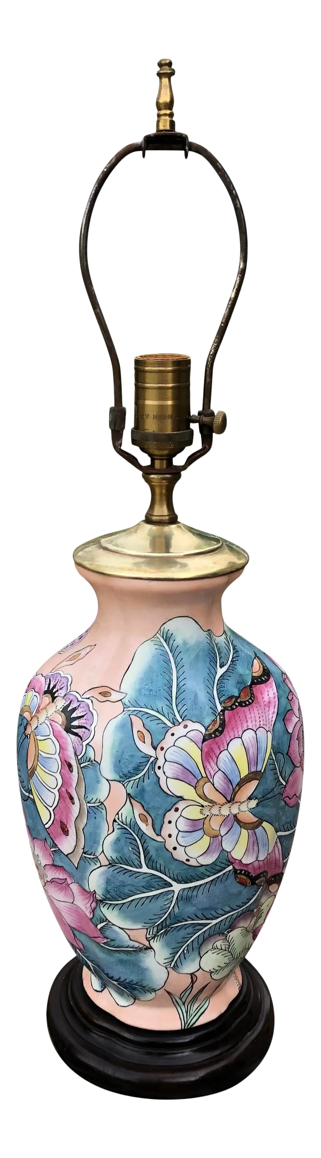 Mid Twentieth Century Tobacco Leaf Butterfly Lamp: Beautiful hand-painted floral and butterfly lamp from Wildwood Industries. Quality lamp makers have been around for centuries. This lamp is full of colorful butterflies and lotus flowers. Lamp