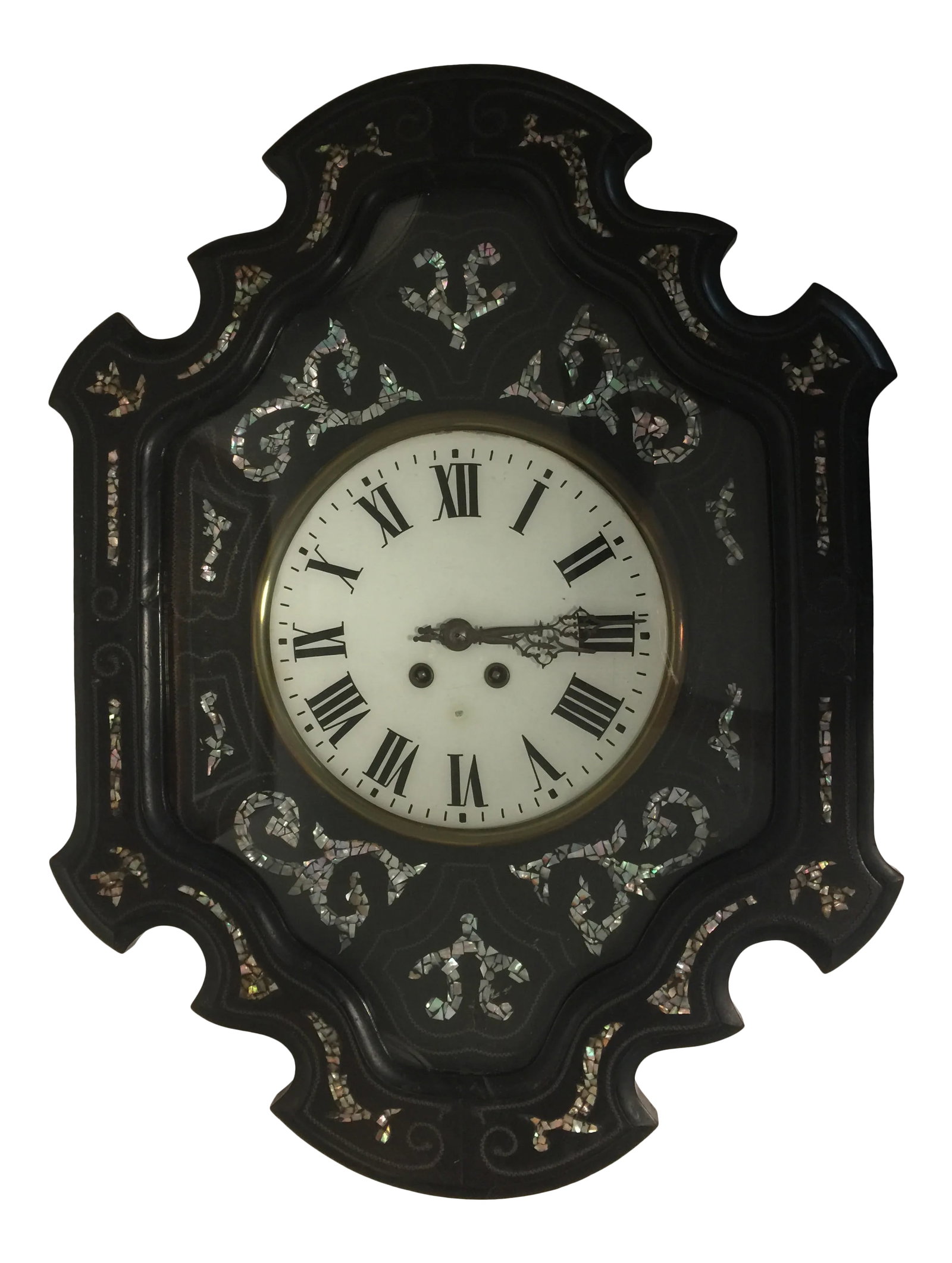 Napoleon III Ebony and Mother of Pearl Inlay Wall Clock: Circa 1860 Napoleon III Wind Up Wall Clock. Mother of Pearl inlay, key and pendulum present. Condition: Alterations: Original Condition Unaltered Imperfections: Some Imperfections Condition Notes:
