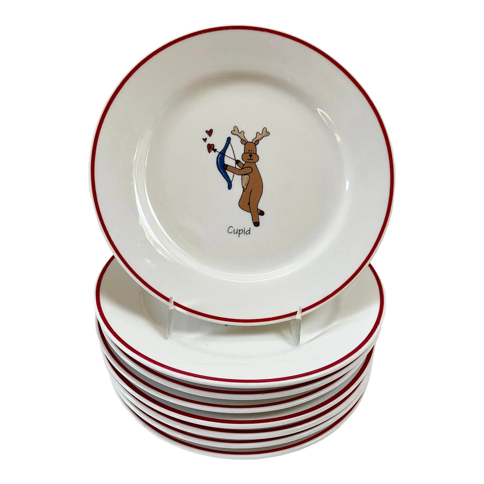 Whimsical Christmas Holiday Reindeer Dinnerware Plates - Set of 8: Fun set of 8 salad, sandwich or appetizer dinner plates each uniquely decorated with Santa's reindeer. Set includes; Dasher, Donner, Dancer, Vixen, Cupid, Blitzen, Comet and Prancer all in excellent c