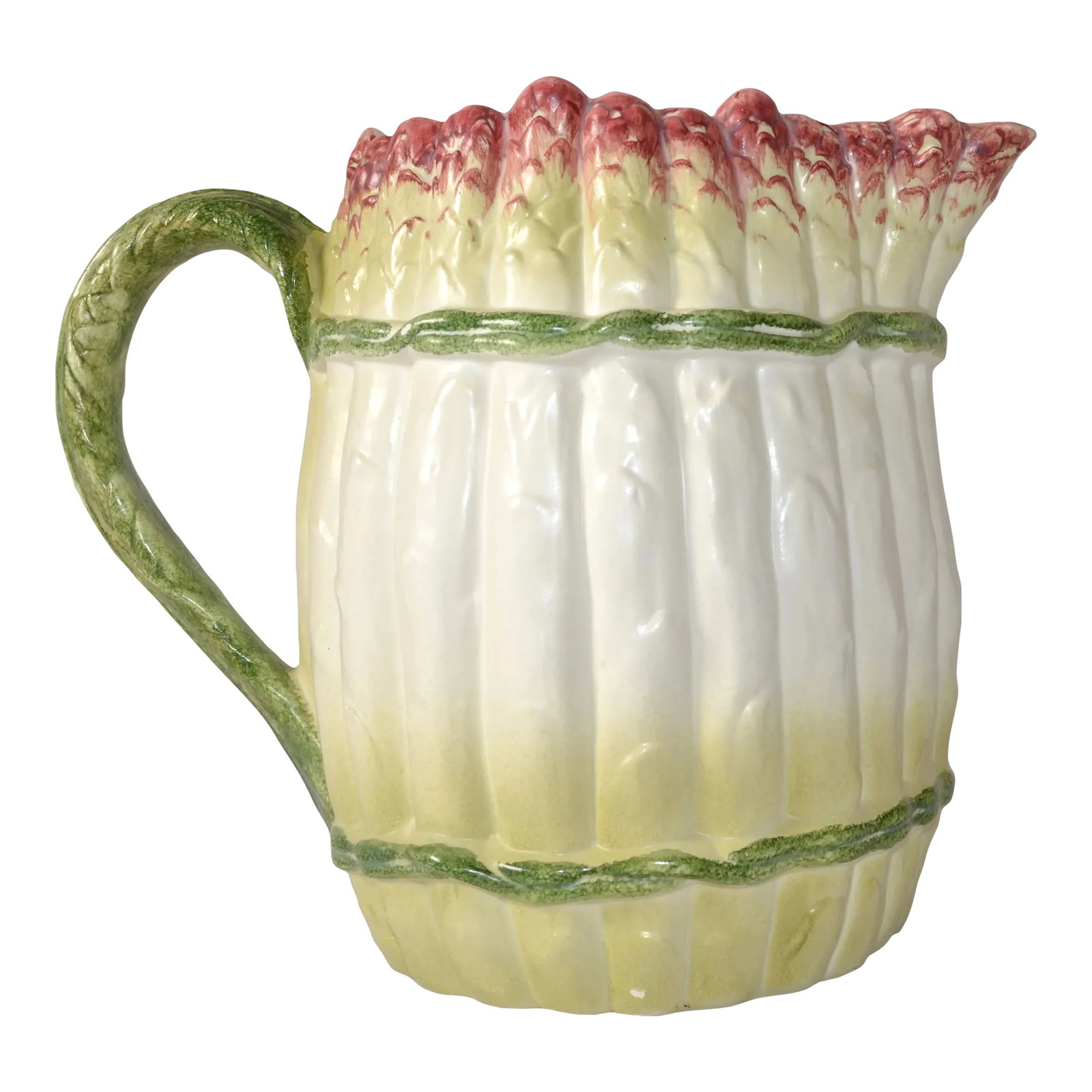 Vintage Hand Painted Italian Asparagus Majolica Ceramic Pitcher or Carafe: Late 20th Century hand painted asparagus bundle design "Trompe de L'Oeil" Pitcher, Carafe or Vessel made in Italy and marked C B. The handle resembles a bent asparagus spear. Inside has an antique
