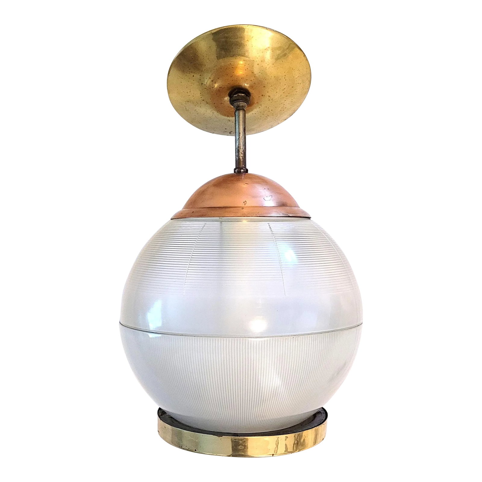 Vintage French Industrial Holophane Globe Pendant: Vintage industrial Holophane globe pendant chandelier from Paris, France circa 1950's-60's. Large, bi-textured glass shade hangs from brass tube which connects the copper globe cap to the brass