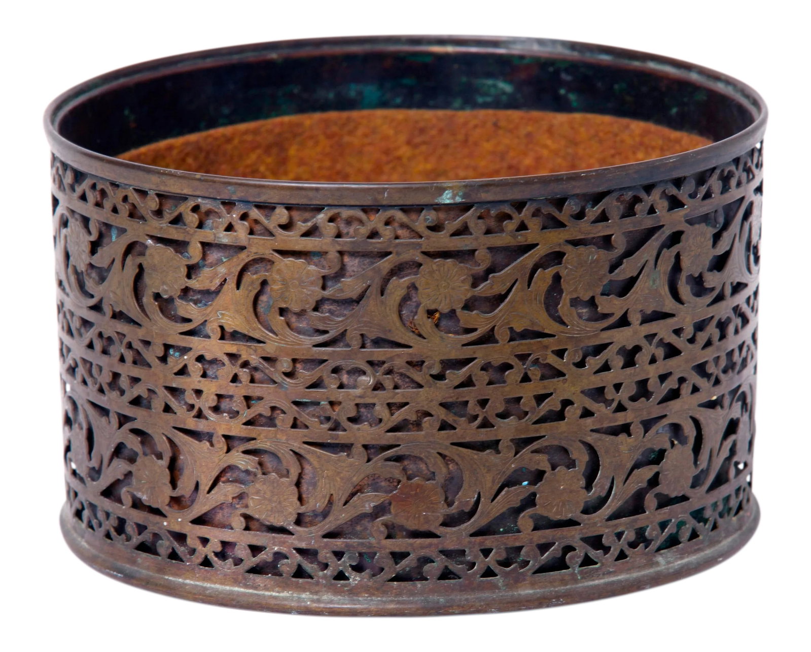 Antique Victorian Lacy Brass Bin: Lacey Victorian fretwork brass bin, lined in felt, great for keeping desk accessories such as staplers, markers scissors ect. Condition: Alterations: Original Design Modified Imperfections: Some