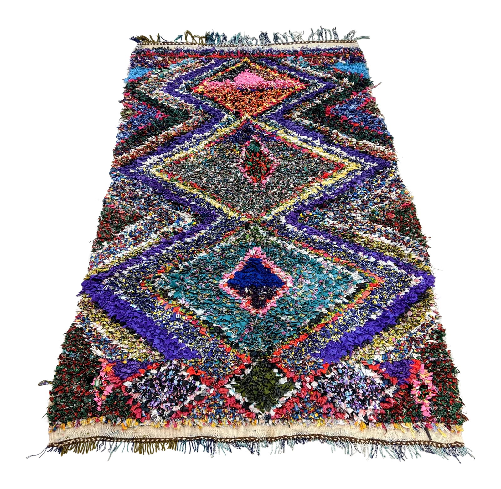 Vintage Moroccan Boucherouite Rug: Authnetic Moroccan boucherouite style rug is a colorful and unique textile with handmade charm. Boucherouite is a Moroccan-Arabic phrase for torn and reused clothing. These fabric remnants are