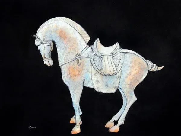 Tang Blue Scroll II - Work on Paper: This work on heavy watercolor paper is an homage to the horse and the artisans of the Tang dynasty. Inspired by the ceramic horses that were created in pairs during that time. Framed and ready to