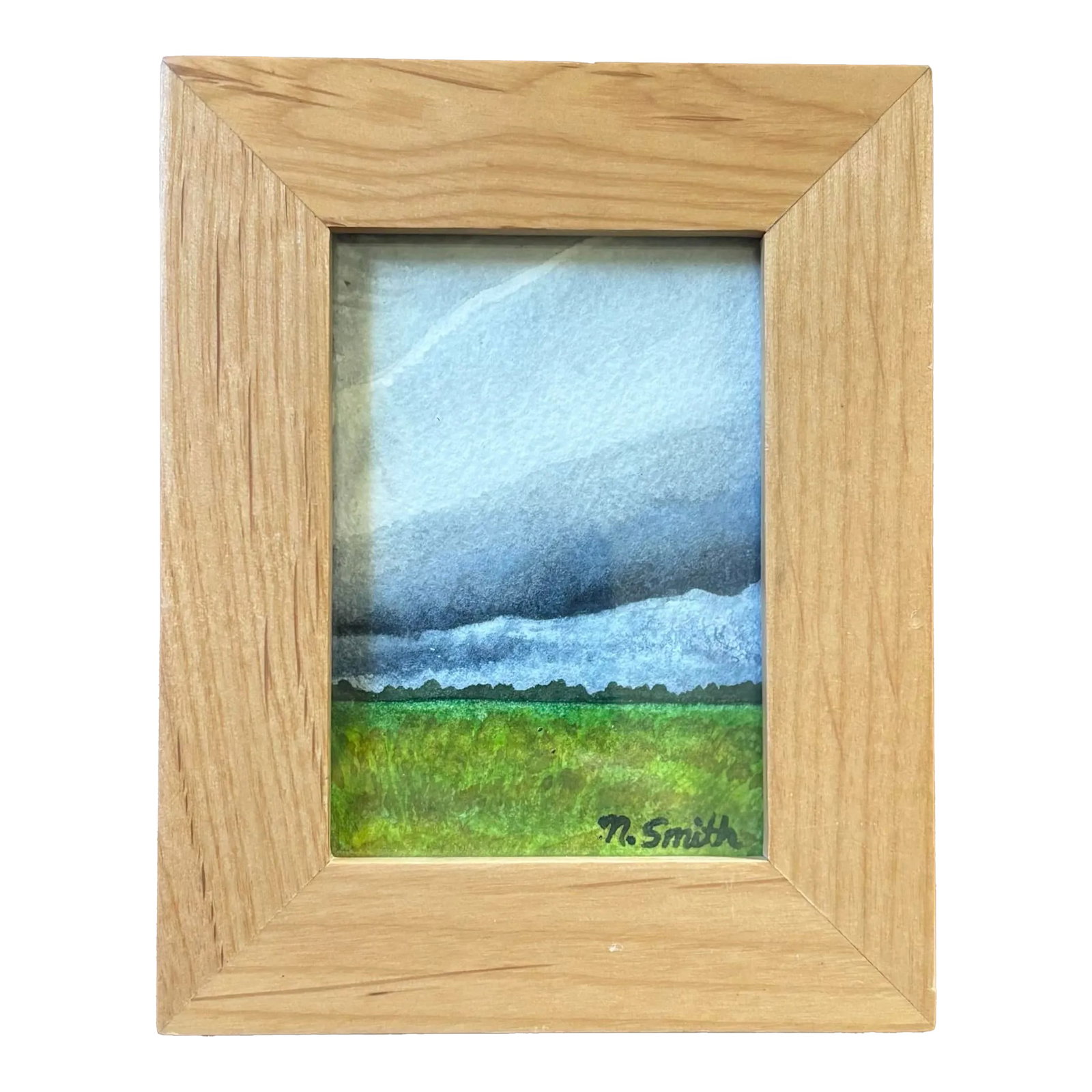 Miniature Landscape Original Watercolor Painting Signed and Framed: Watercolor painting of a field on a cloudy day just before a storm rolls in. Framed in a light wood and ready to add to your decor. Condition: Imperfections: Some Imperfections Condition Notes: