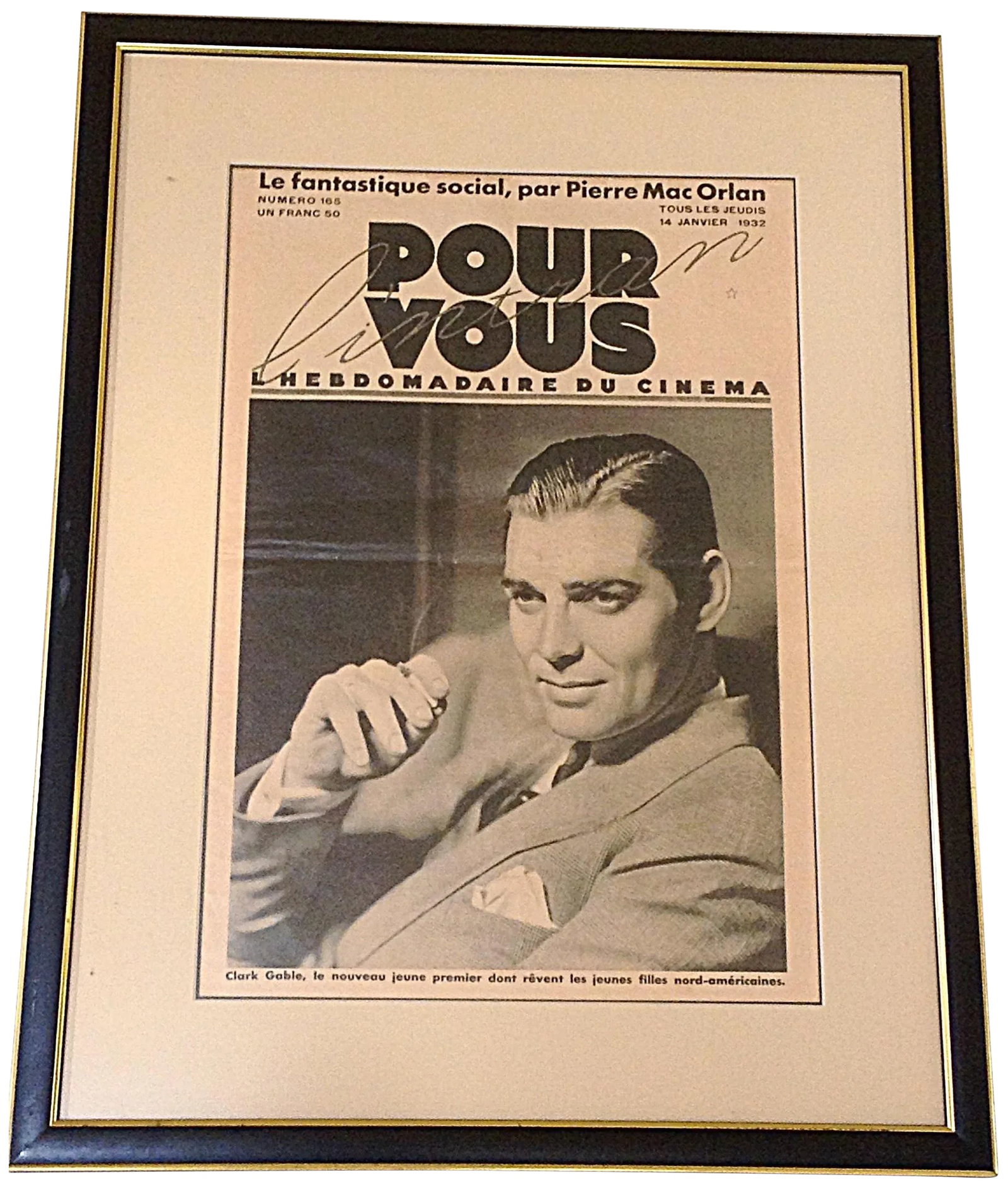 French 1937 Clark Gable Movie Poster: An original French movie poster from 1937 of Clark Gable framed in black and gold wood frame. Condition: Alterations: Original Condition Unaltered Imperfections: Some Imperfections Condition Notes:
