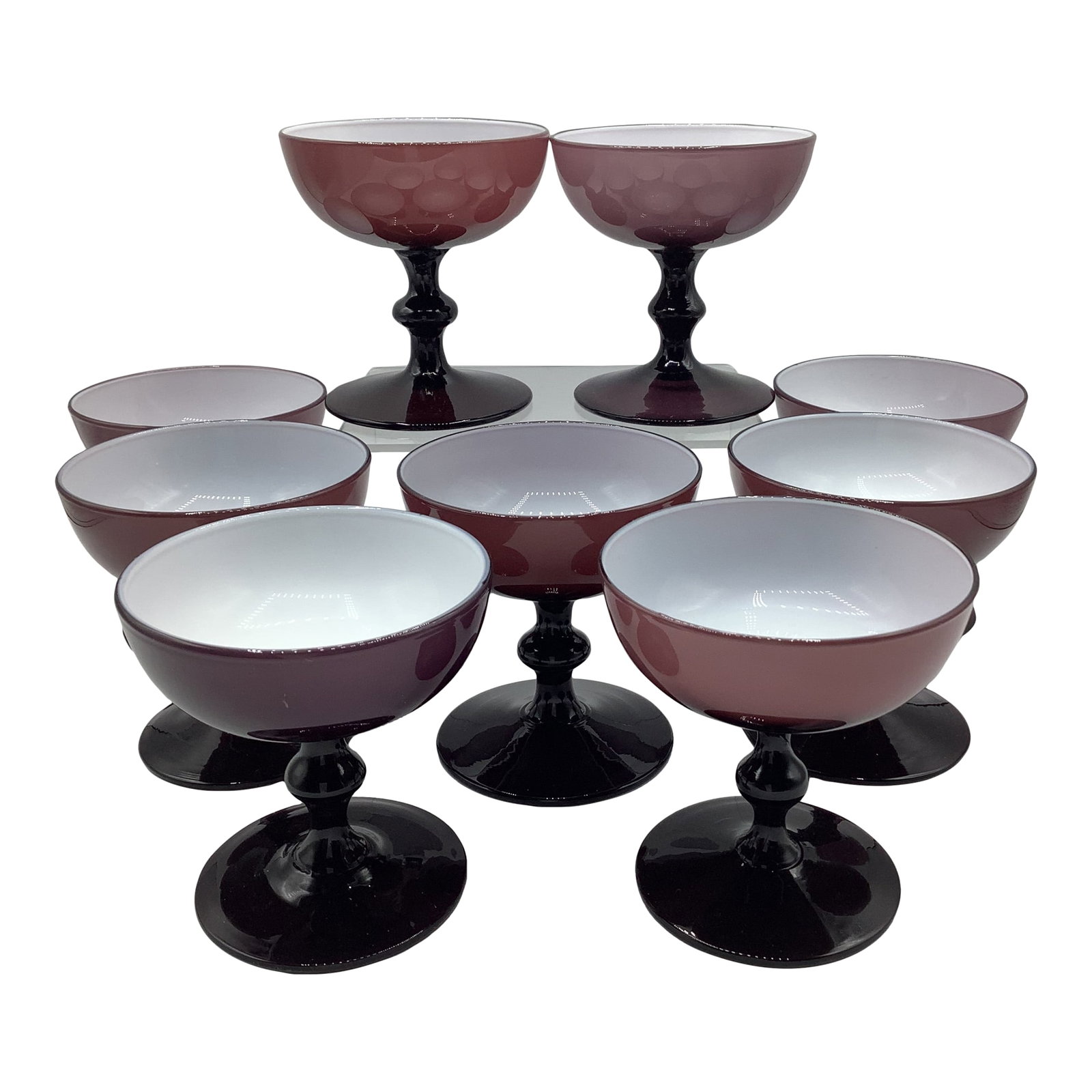 Vintage Carlo Moretti Italy Purple White Cased Glass Champagne Coupes - Set of 8: A gorgeous set of 6 Vintage 60's Italian hand blown cased glass champagne coupes by Carlo Moretti. The measure 3 3/4"H x 3"W and are in excellent vintage condition. Condition: Alterations: Original