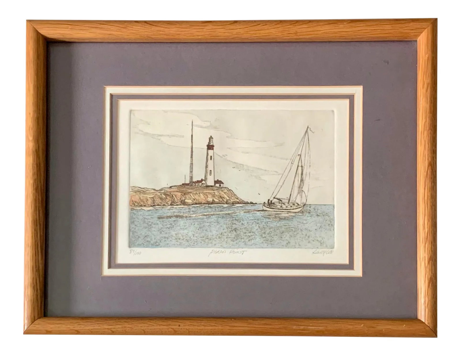 Vintage Seascape Print by Keith Lee, Signed: Beautiful 1960's Mid Century Modern limited edition coastal harbor scene print in tones turquoise blue and tan Size: 17"x13" Print size: 10"x 7" 1" rounded original wood frame Triple matted Artist sig