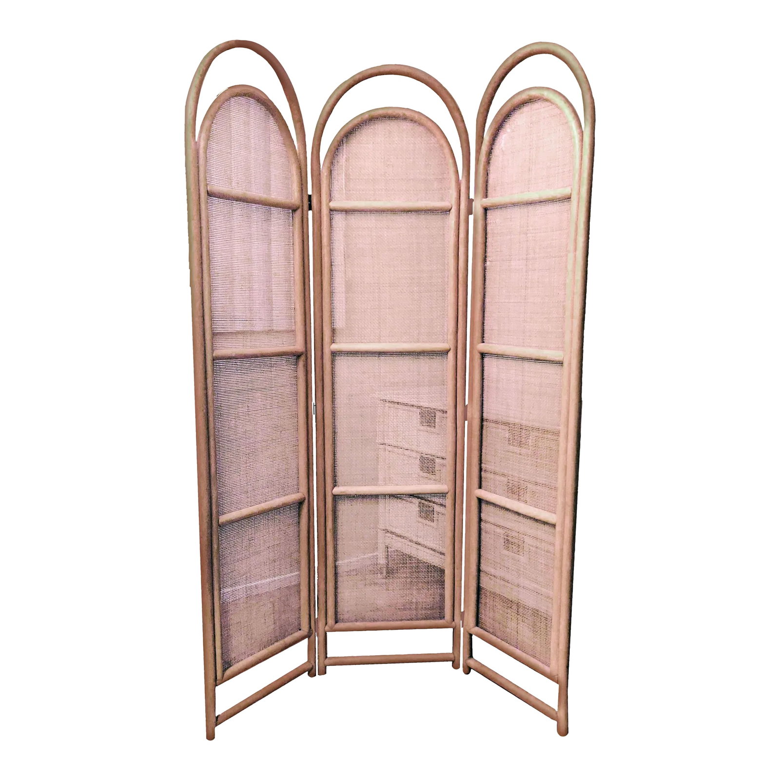 Sculptural Three-Panel Folding Screen Room Divider in Rattan and Wicker, 1960s: Crafted in Denmark, circa 1960s, this three-panel screen is a classic example of the Paravent style. Paravents originated in France during the 17th century and were often used as decorative fire