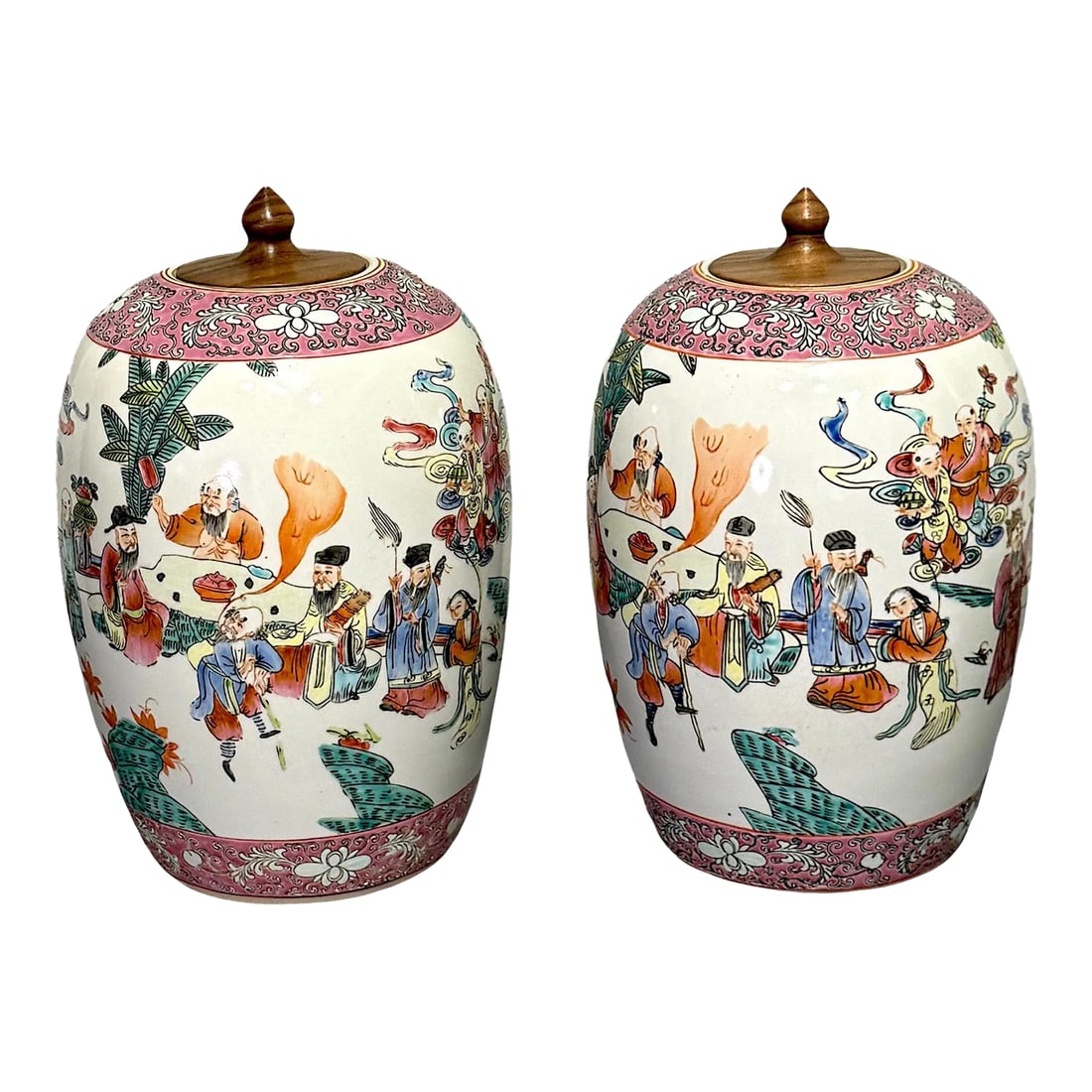 Maitland Smith Auspicious Famille Rose Lidded Chinese White Porcelain Ginger Jars With Figures & Bir: A pair of large hand painted ginger jars, Chinoiserie in style, by Maitland Smith. The vases are decorated in rich colorful enamels, very fine workmanship characteristic of the late 19th Century.