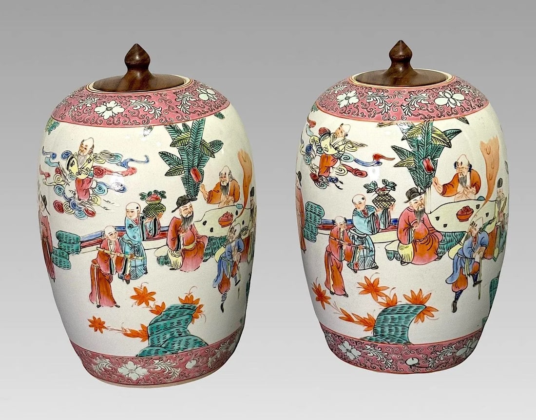 Maitland Smith Auspicious Famille Rose Lidded Chinese White Porcelain Ginger Jars With Figures & Bir - 2