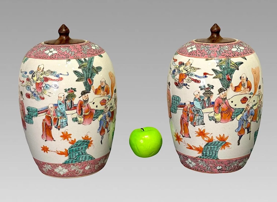 Maitland Smith Auspicious Famille Rose Lidded Chinese White Porcelain Ginger Jars With Figures & Bir - 3