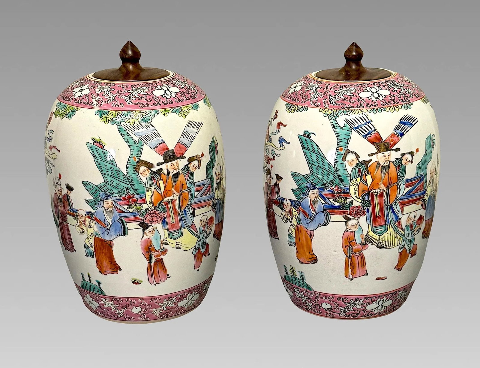Maitland Smith Auspicious Famille Rose Lidded Chinese White Porcelain Ginger Jars With Figures & Bir - 4