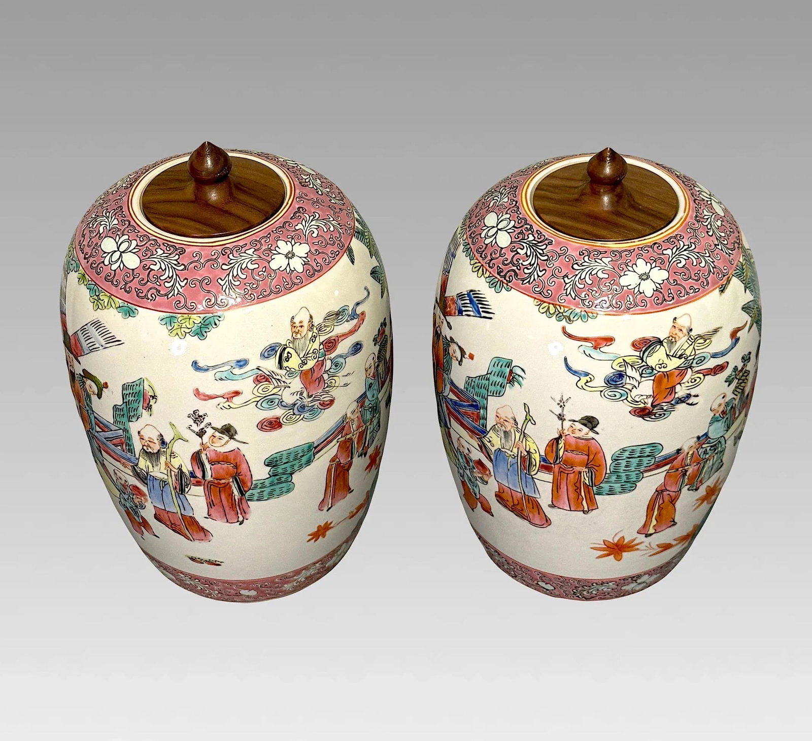 Maitland Smith Auspicious Famille Rose Lidded Chinese White Porcelain Ginger Jars With Figures & Bir - 5