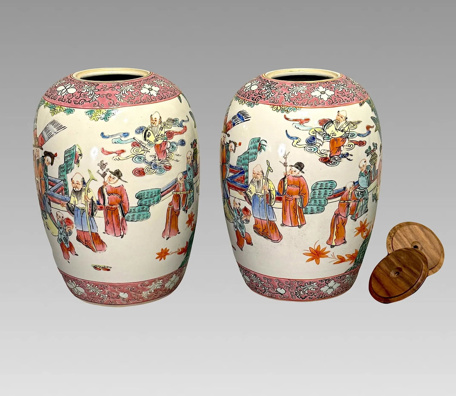 Maitland Smith Auspicious Famille Rose Lidded Chinese White Porcelain Ginger Jars With Figures & Bir - 6