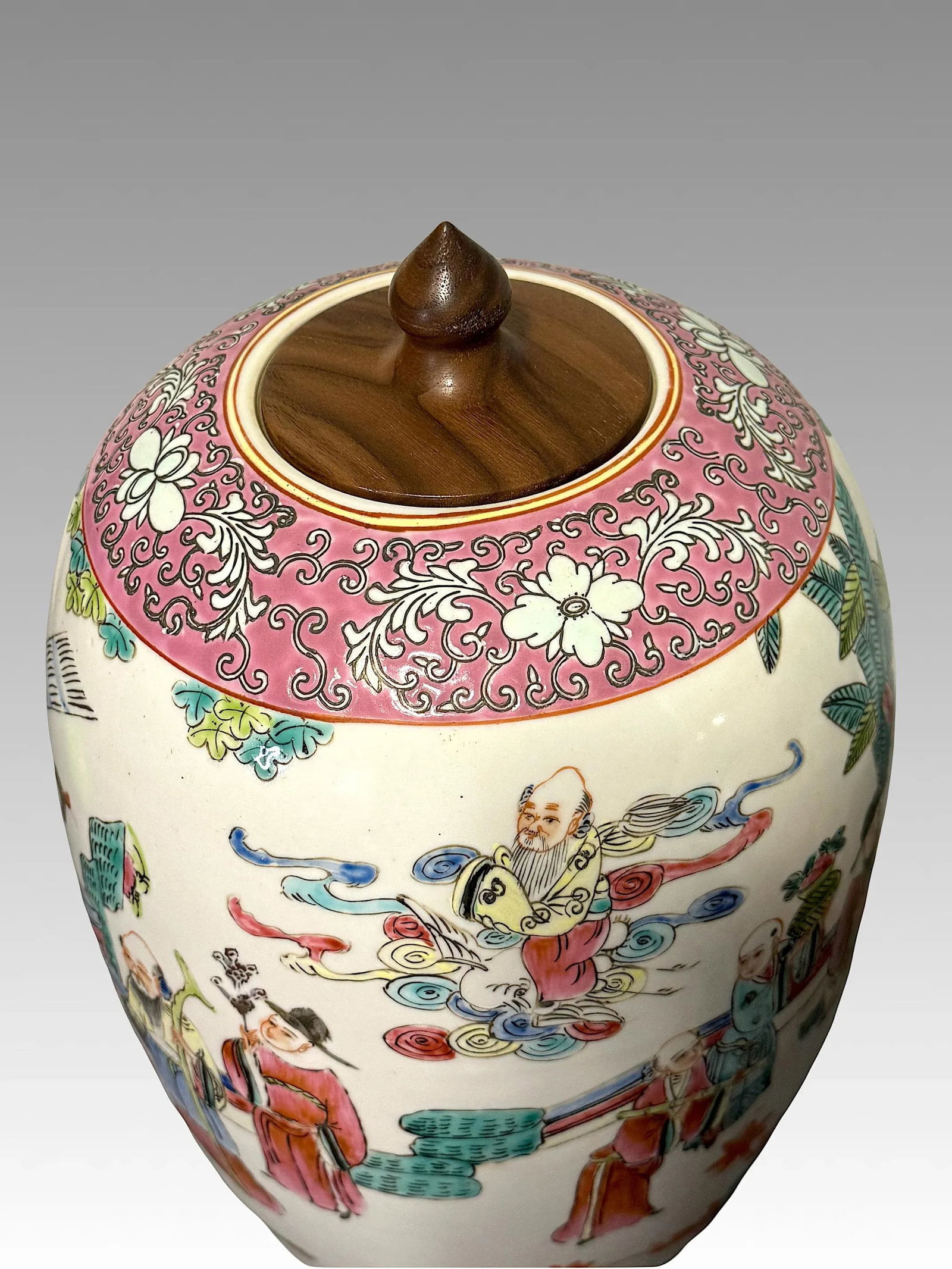 Maitland Smith Auspicious Famille Rose Lidded Chinese White Porcelain Ginger Jars With Figures & Bir - 7