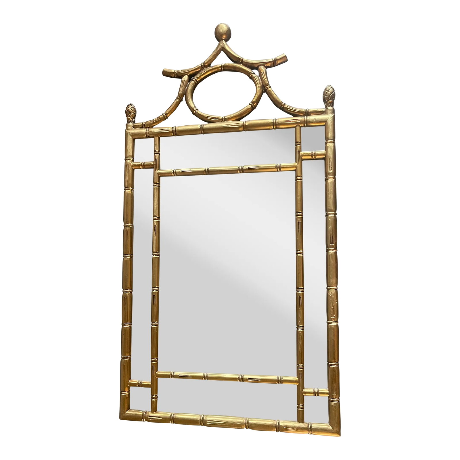 Hollywood Regency West Palm Beach Faux Bamboo Pagoda Mirror: This is a Hollywood Regency gilded faux bamboo wood mirror from the 1970's. Research shows that it is La Barge made in Italy but it is untagged. Pineapple finials. Pagoda top.Stamped in 70's