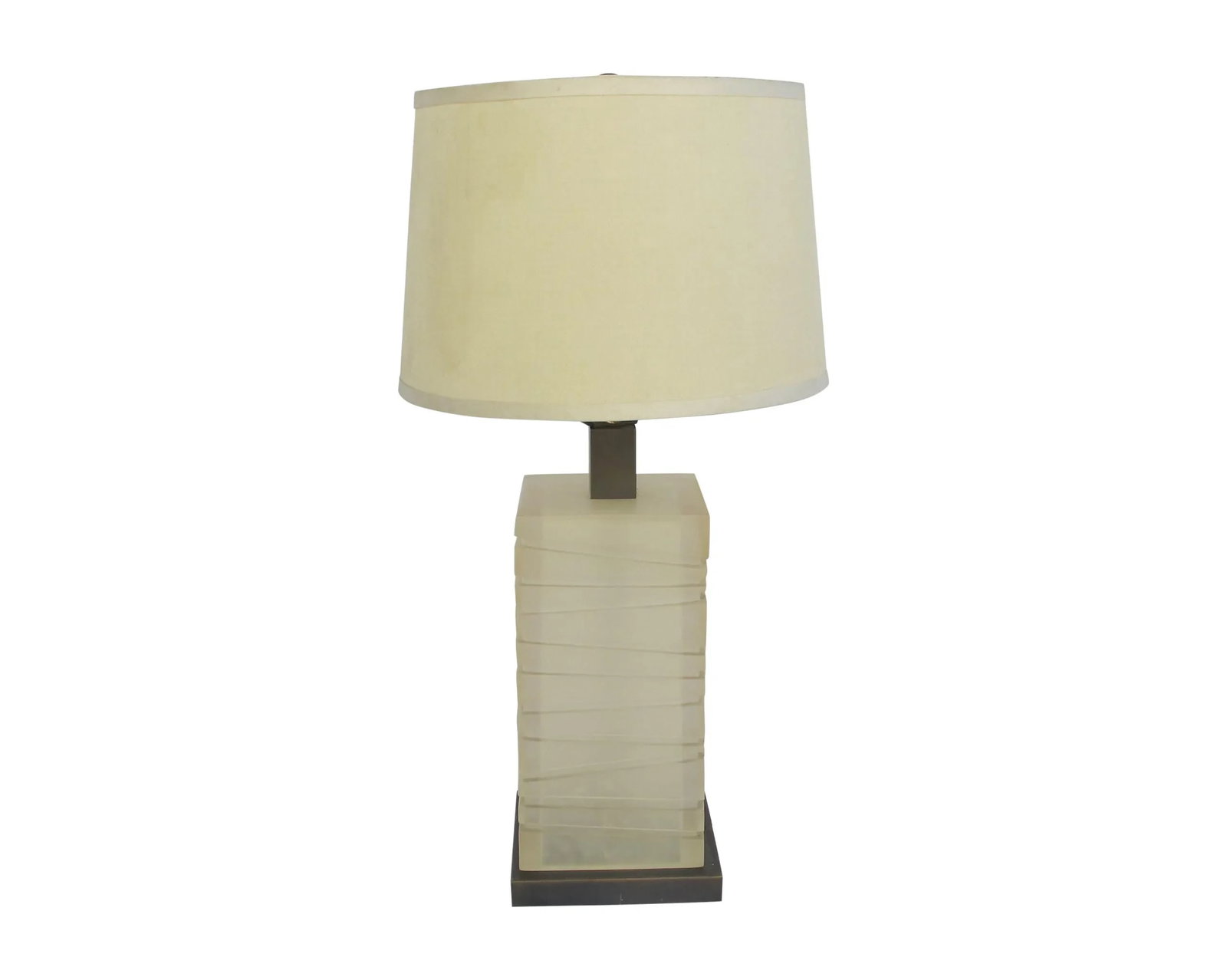 Vintage 1970s Frosted Plexiglass Table Lamp: This vintage 1970s architecturally designed frosted plexiglass table lamp has an outer square shell attached over a rounds white plexi cylinder. Silk shade 10." Silk shade included. Top of shade is