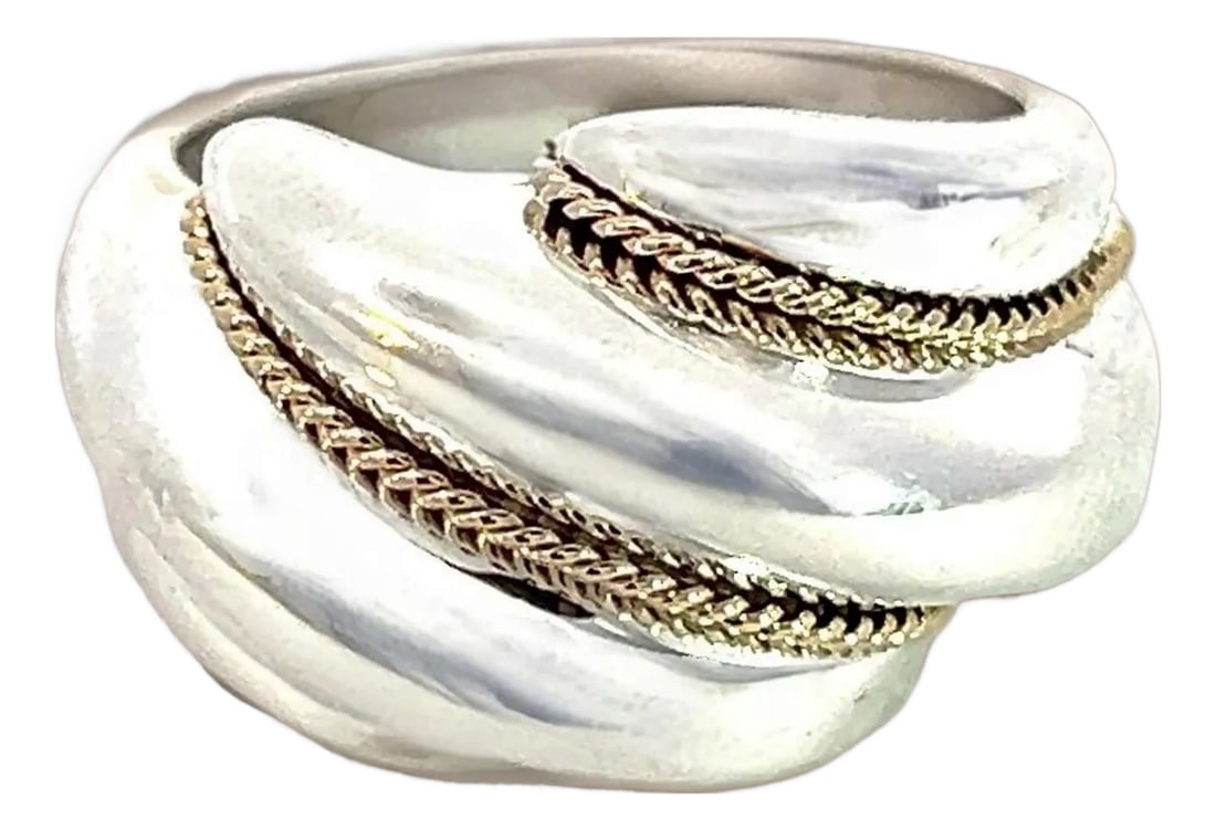 1990s Tiffany & Co Estate Shrimp Ring Size 5.25 14k Gold + Sterling Silver: Authentic Tiffany & Co Estate Shrimp Ring Size 5.25 14k Gold + Sterling Silver TIF755 DETAILS Style: Shrimp Ring Ring Size: 5.25 Weight: 7 Grams Metal: Sterling Silver and 14k Yellow Gold Some of our