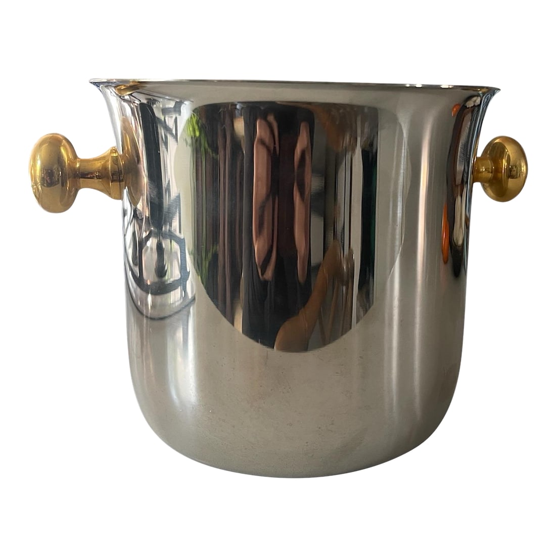 Vintage Champagne Bucket With 24k Gold Plated Handles Made in Italy: Rare vintage German designed by WMF Cromargan stamped on the bottom- the highest quality stainless steel and made in Italy with 24kt gold plated handles. Condition: Alterations: Original Condition