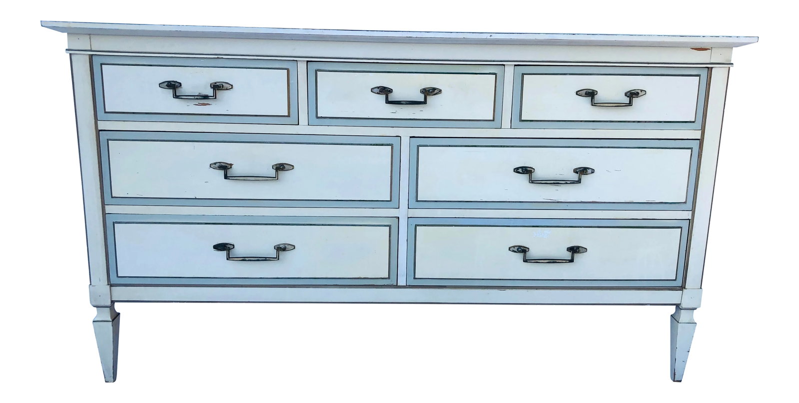 Hollywood Regency Style 1970's Linoleum Top: Hollywood regency style low dresser original light teal /beige and linoleum top, c.1970. Condition: Alterations: Original Condition Unaltered Imperfections: Some Imperfections Condition Notes: Very