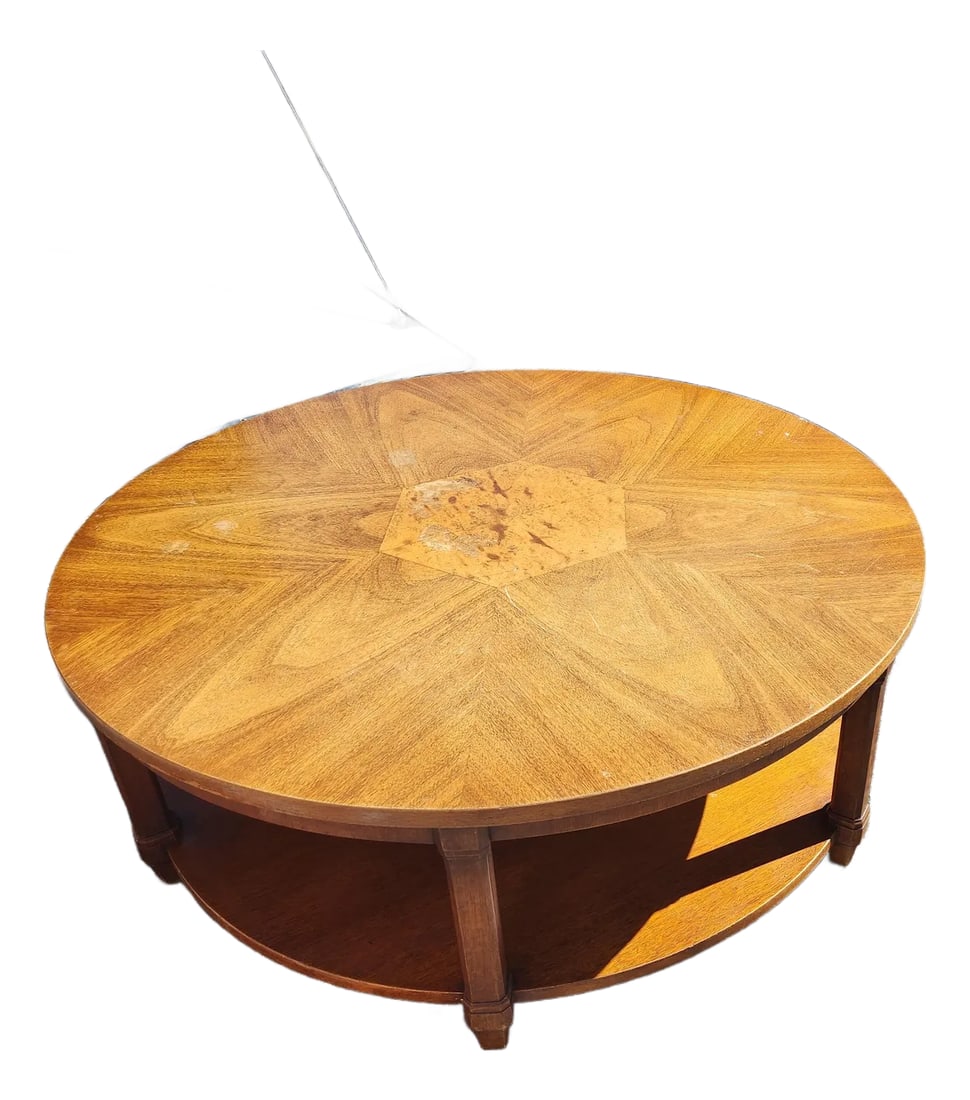 1970s Triune by Drexel French Provincial Round Mahogany Coffee Table: Beautiful Drexep Heritage Coffee Table The pictures are making it look orange but it's not. It's very pretty in person! Triune by Drexel French Provincial Round Coffee Table, two tier, 6 leg, good