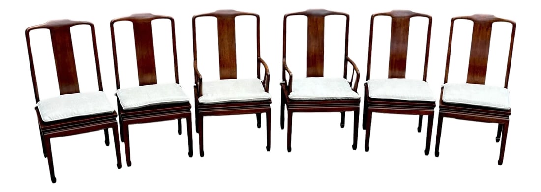Mid 20th Century Set of Six Henredon Mahogany Dining Chairs: Expertly crafted by the renowned furniture brand Henredon, this set of six dining chairs (2 arm and 4 side chairs) boasts an elegant blend of Asian style and mid-century modern design. Featuring solid
