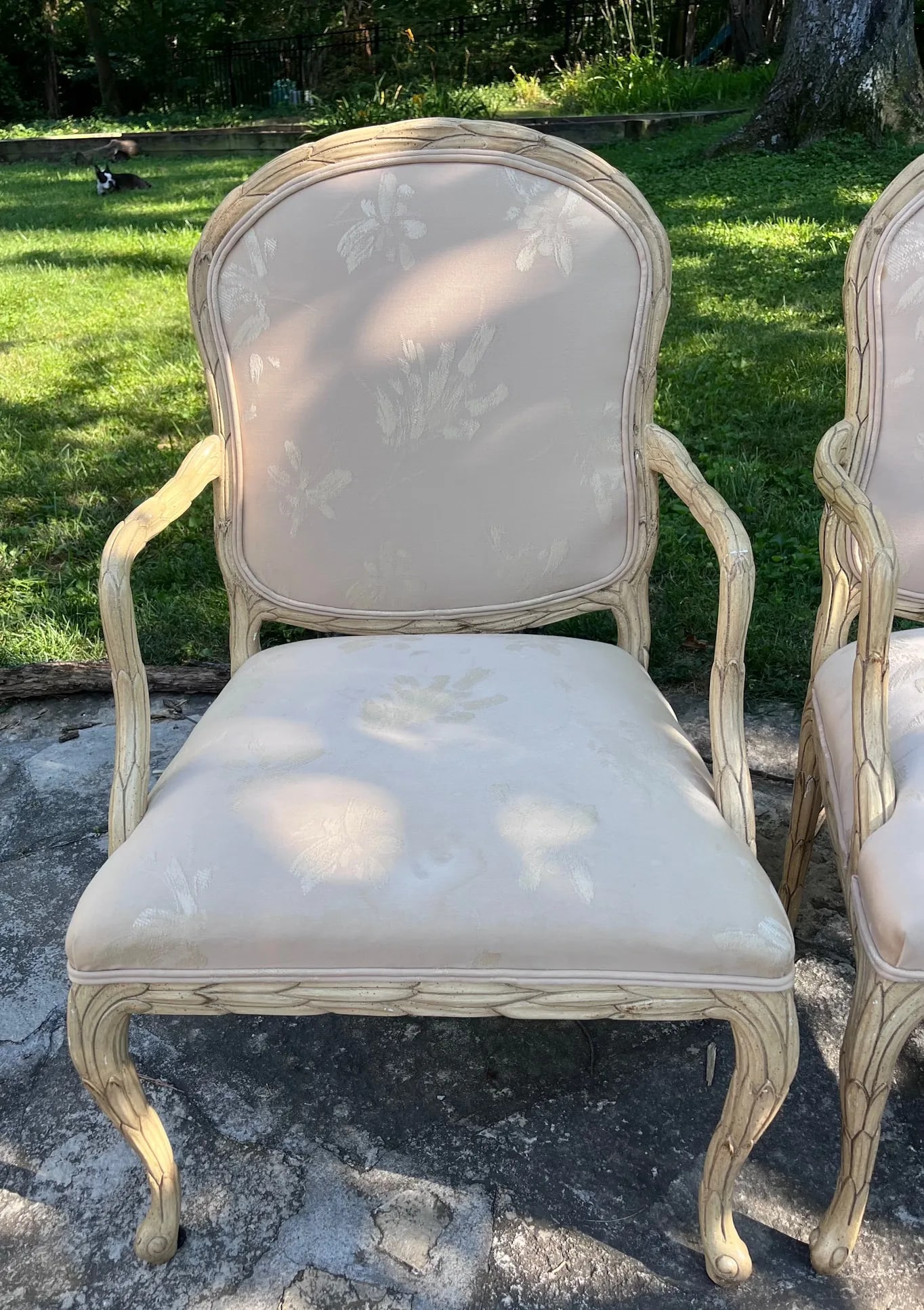 MCM French Style Faux Bois Carved Cream Chairs - A Pair - 10