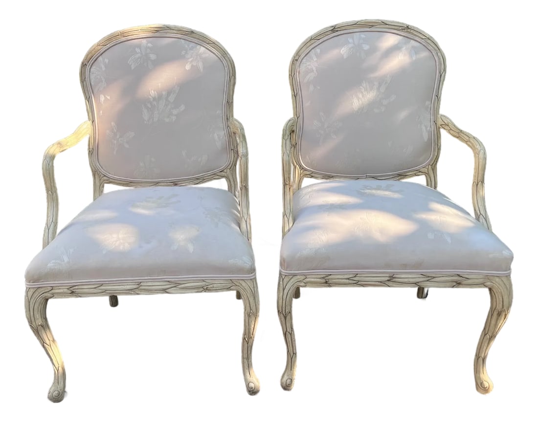 MCM French Style Faux Bois Carved Cream Chairs - A Pair: A pair of French style chairs by Century Furniture in the manner of Serge Roche. Beautiful carved Faux Bois style frames with cream painted finish and neutral upholstery. Condition: Alterations: