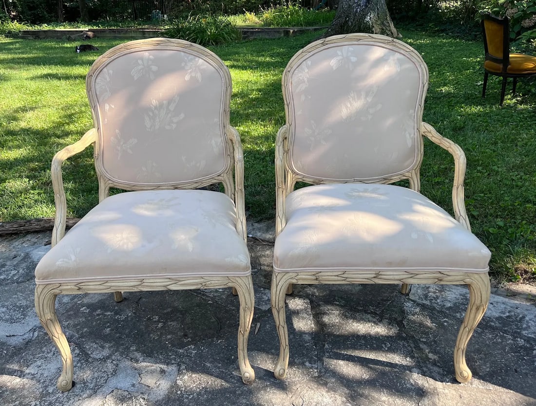 MCM French Style Faux Bois Carved Cream Chairs - A Pair - 2