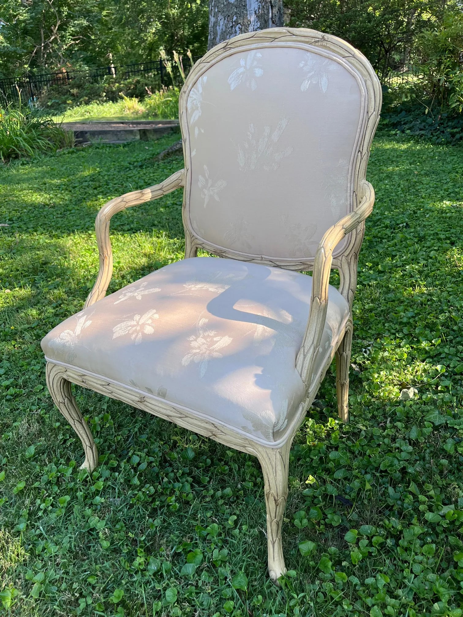 MCM French Style Faux Bois Carved Cream Chairs - A Pair - 3