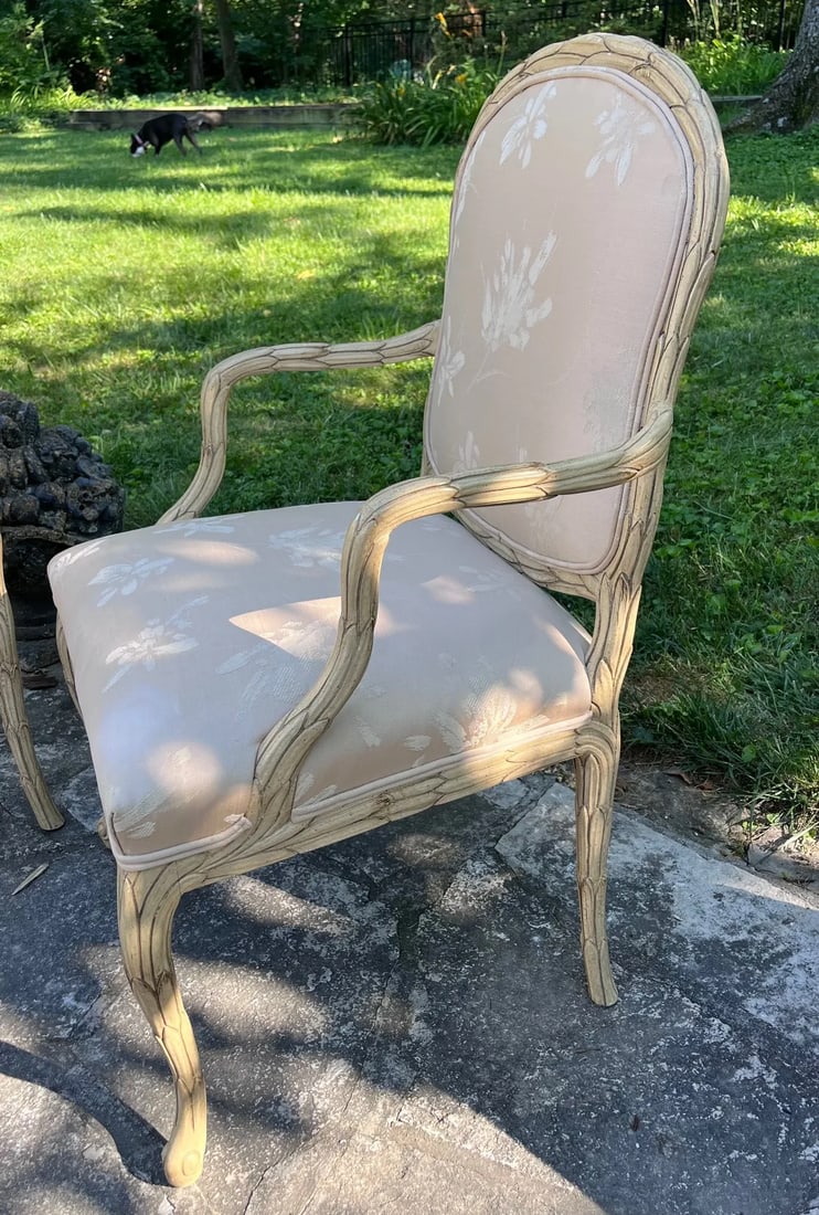 MCM French Style Faux Bois Carved Cream Chairs - A Pair - 5