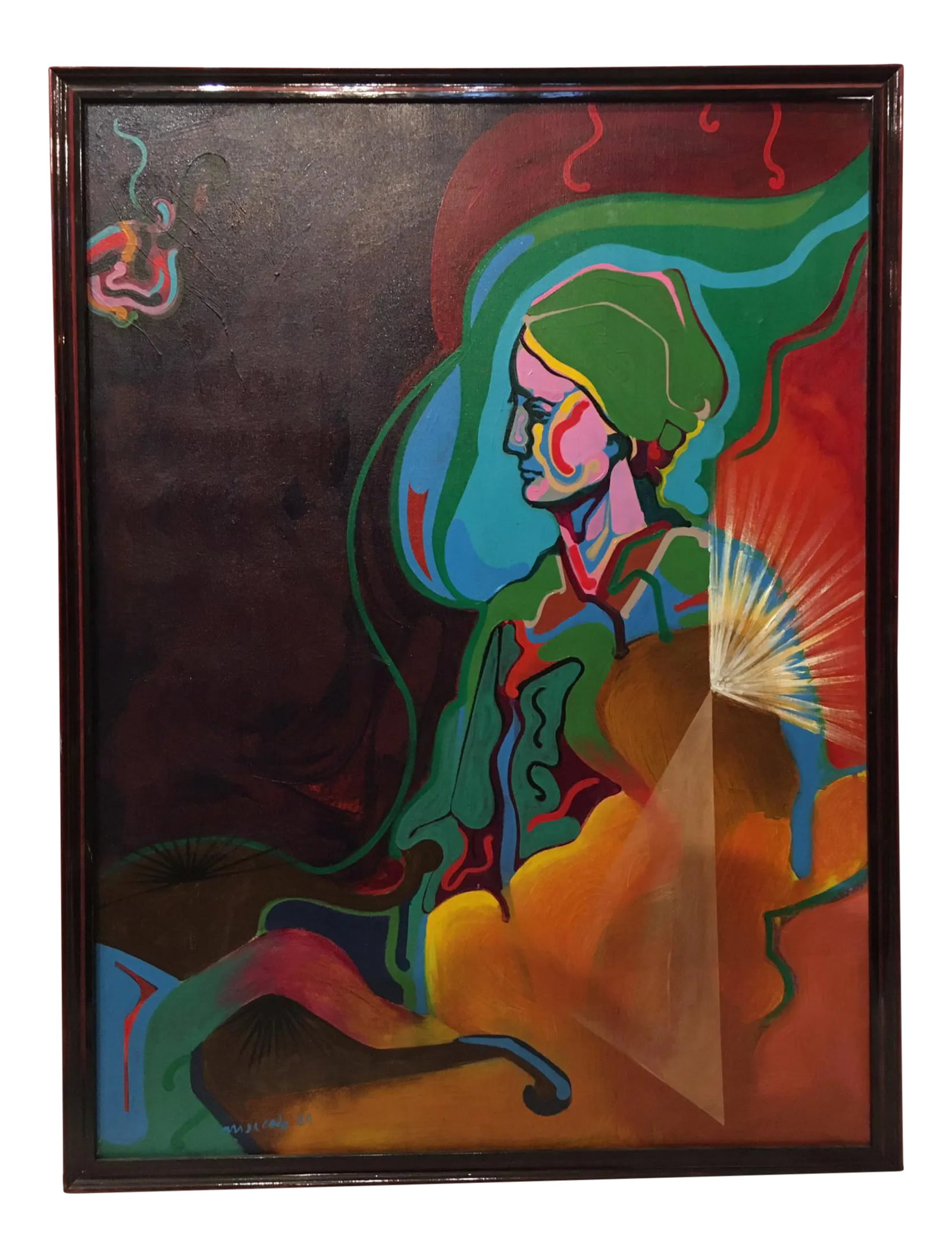 Vintage Mid-Century Colorful Figurative Abstract Oil on Canvas Portrait Painting: Very colorful mid-century oil on canvas painting. This figurative abstract piece is a portrait of a seated woman and features hues of red, green, pink and blue. Is signed and dated by the artist 1969 