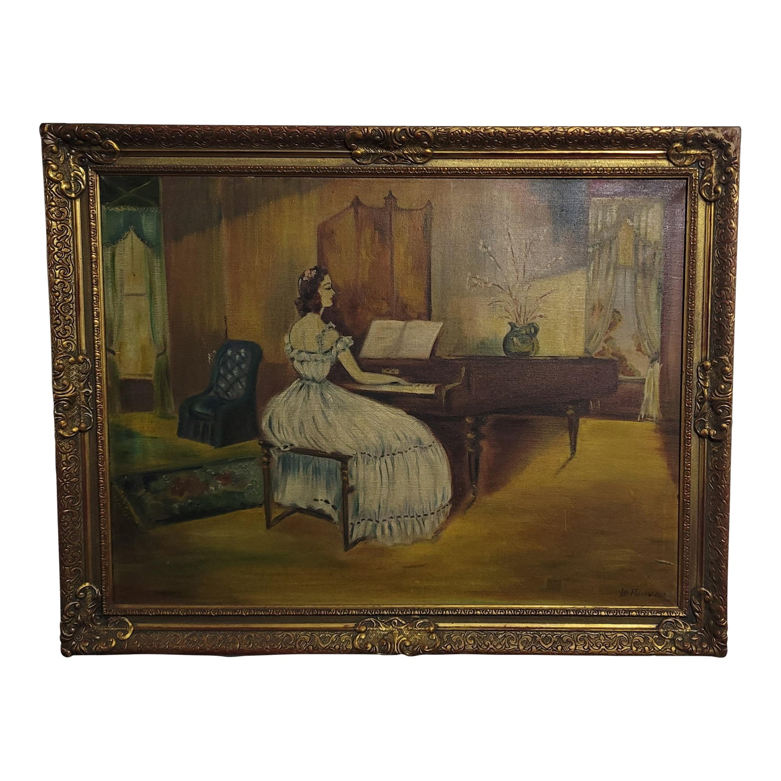 Le Feuvre 19th-Century Genre Painting Woman Playing the Piano Victorian, Framed: For your consideration, a signed 19th century French genre painting by artist Le Feuvre depicts a woman playing the piano in the parlor room. Measuring 32.5 inches in height and 41.5 inches in width,