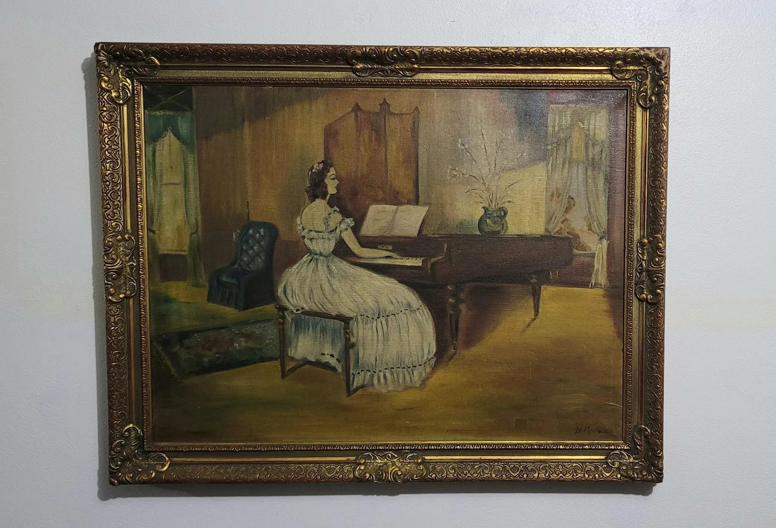 Le Feuvre 19th-Century Genre Painting Woman Playing the Piano Victorian, Framed - 7